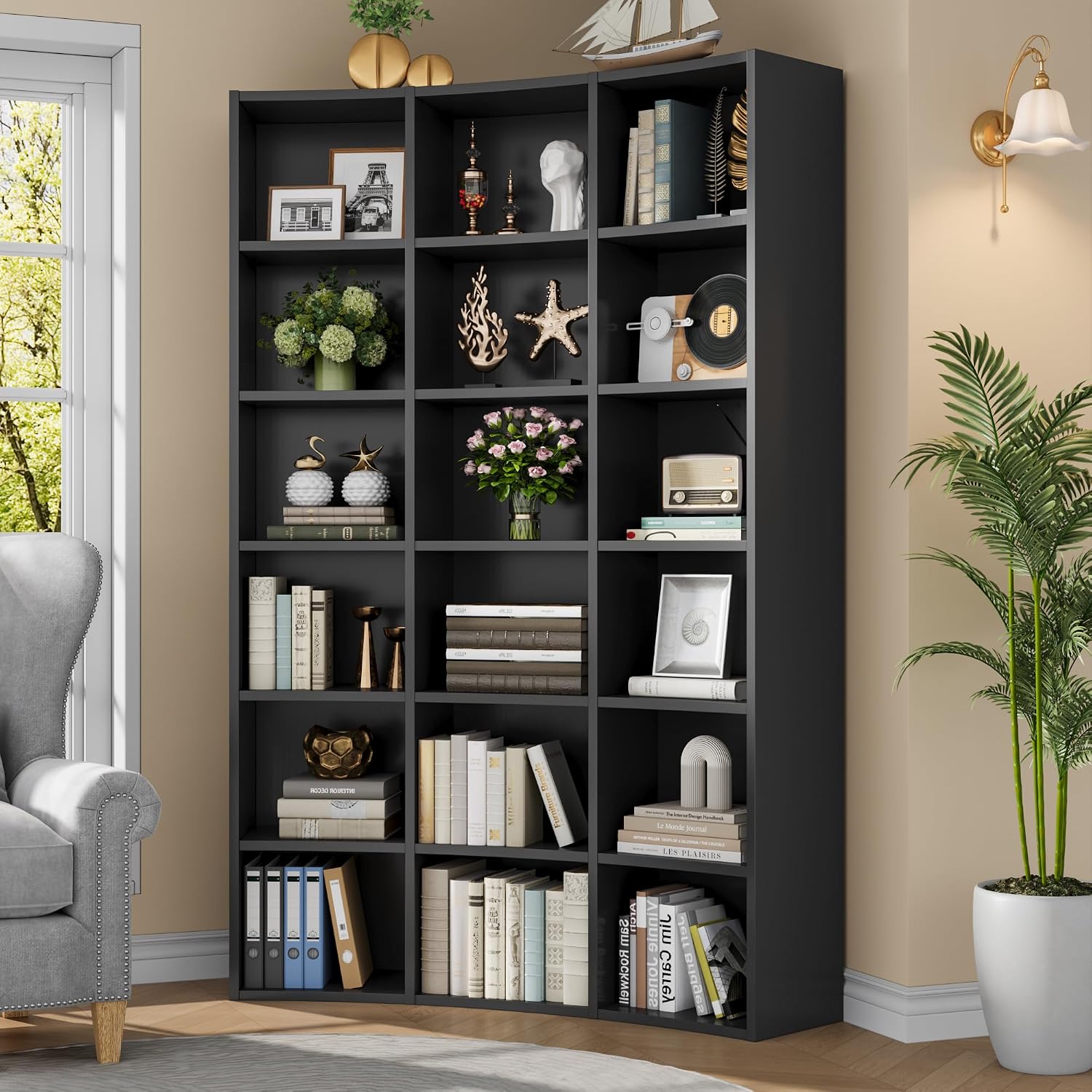 71' Curved Bookshelf,Triple Width 6 Tier Bookcase with Storage Cabinet,Modern Tall Bookshelf with 18 Open Display Shelves, Floor Standing Book Shelf for Living Room,Black