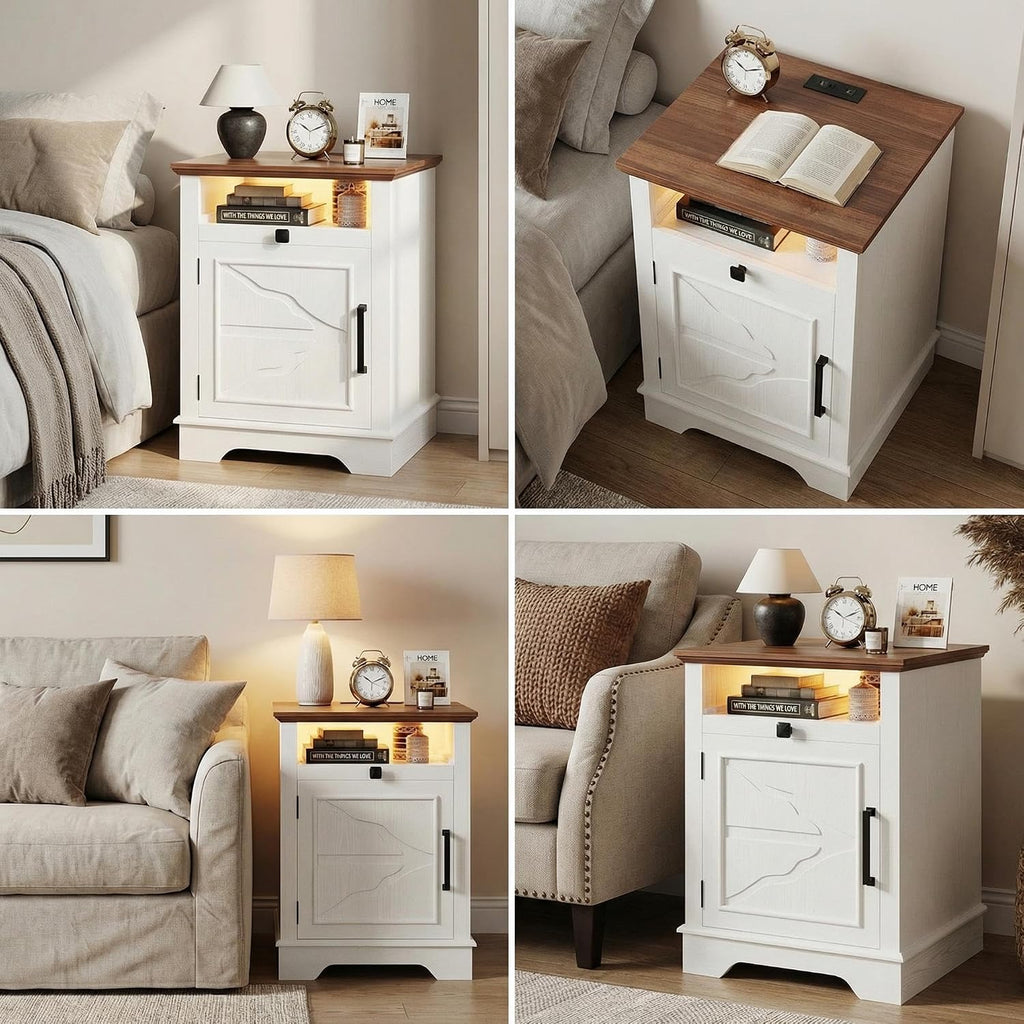 IRONCK Farmhouse End Table Set of 2, Nightstand with Charging Station and App Controlled LED, End Table with Storage for Bedroom Living Room,White