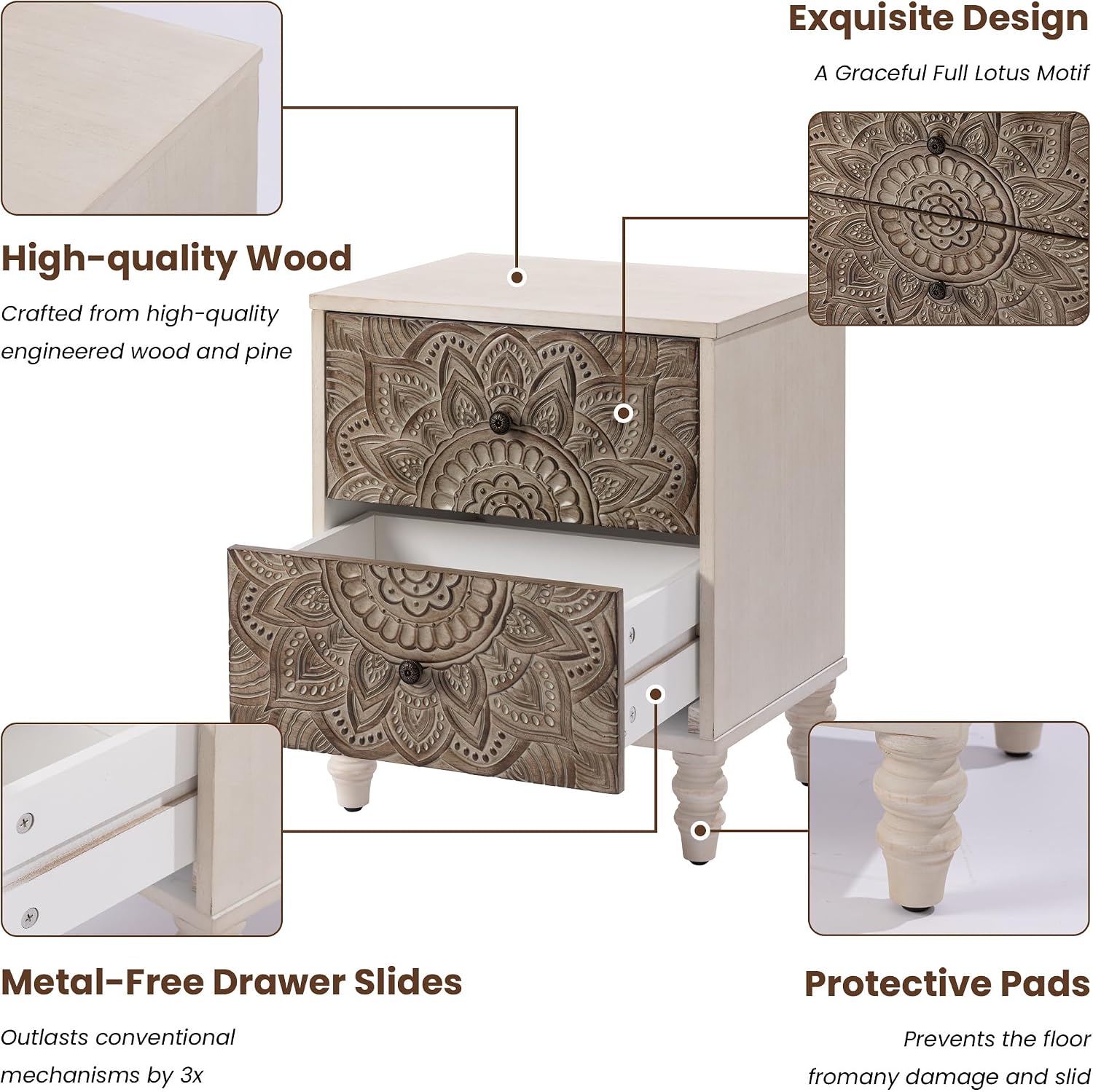 COSIEST Vintage Nightstand Set of 2, 18' Wide Wood Small Bed Side Table with 2 Drawers, Accent Bedside Table, Bedroom Furniture for Home, Office (Lotus Pattern)