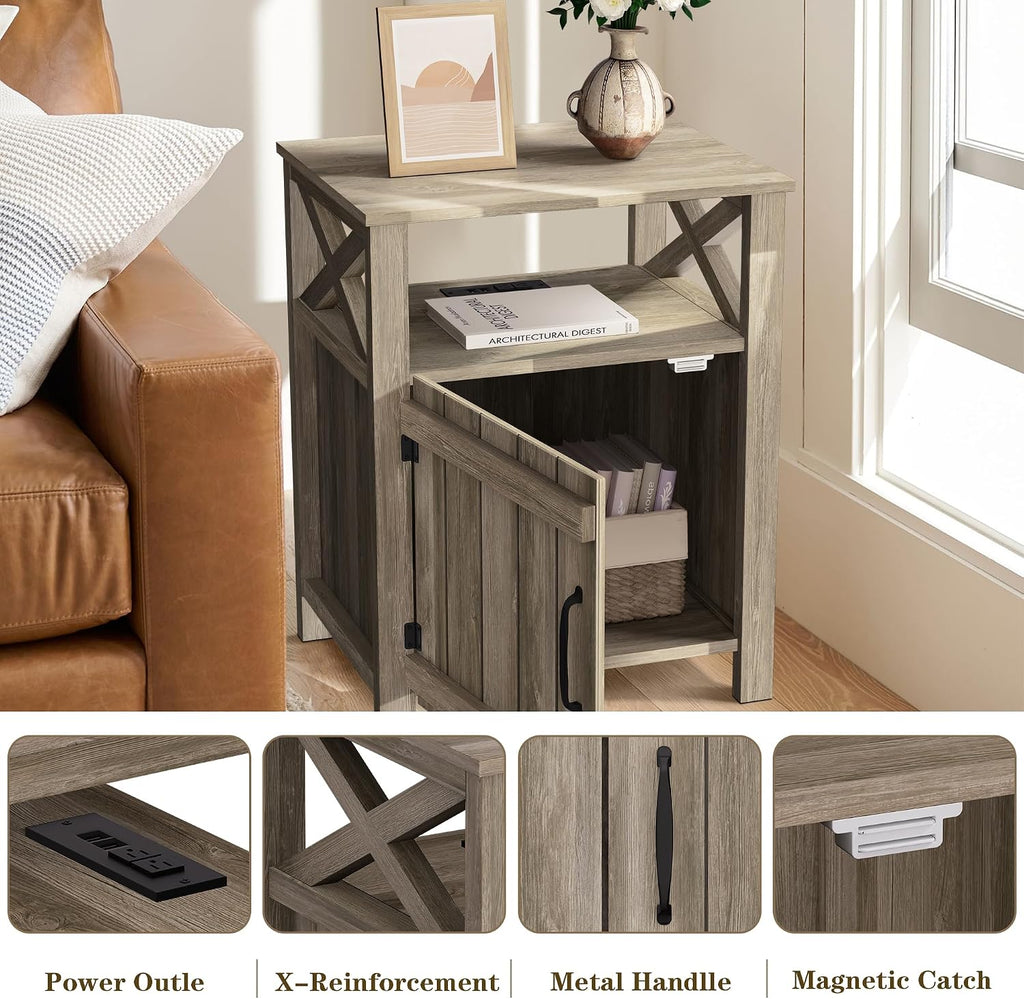 Farmhouse Nightstand Set of 2 with Charging Station, Gray, Side Table, End Table with Barn Door & Shelf, Rustic, for Bedroom, Living Room