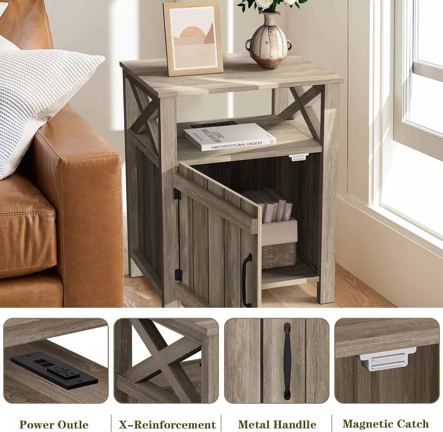 Farmhouse Nightstand Set of 2 with Charging Station, Gray, Side Table, End Table with Barn Door & Shelf, Rustic, for Bedroom, Living Room