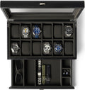 TAWBURY 12 Slot Watch Box with Storage Drawer - Premium Black PU Leather Watch Box for Men | Easy One-hand Opening, Plush Velveteen Interior (Black/Charcoal)