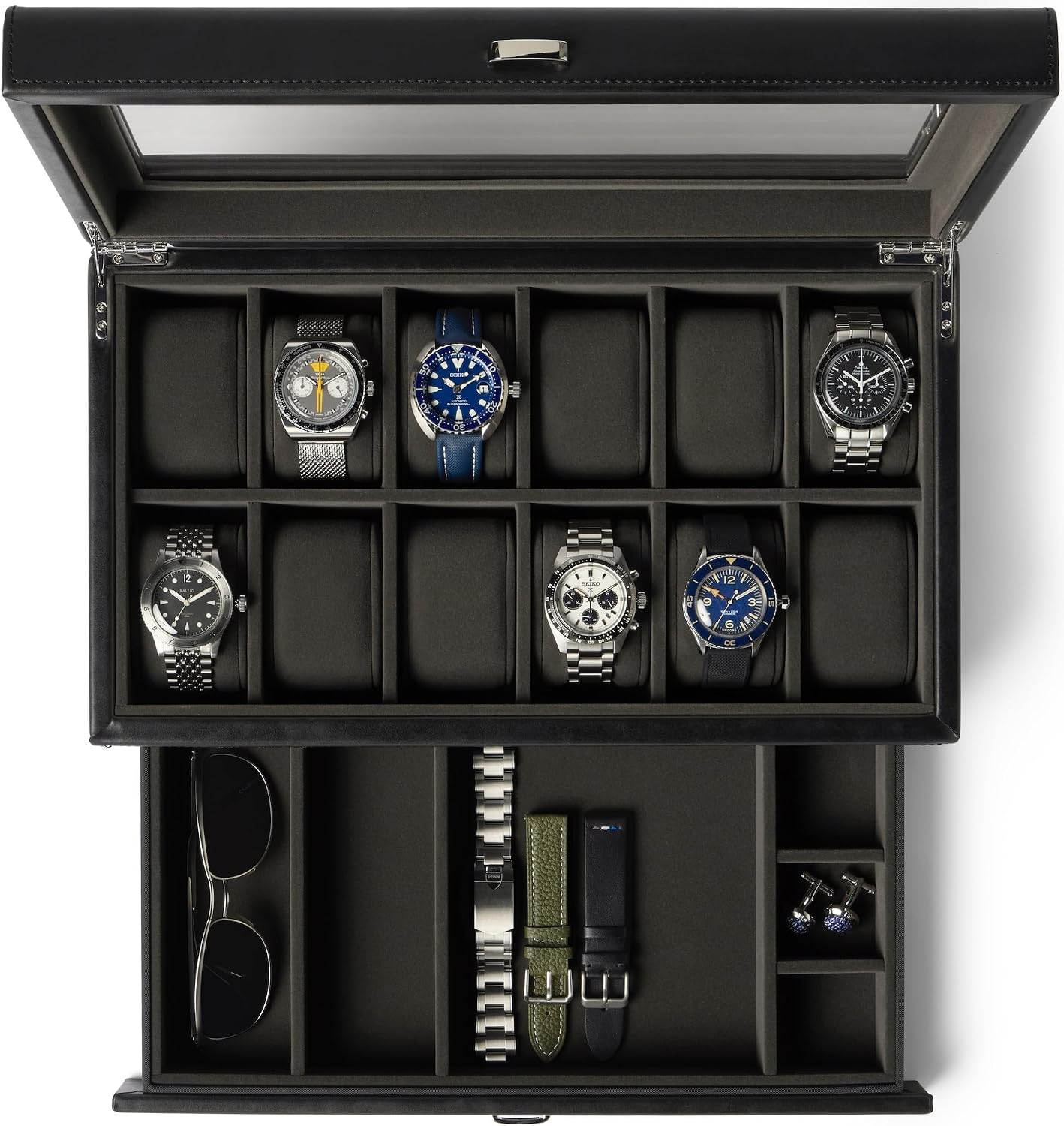 TAWBURY 12 Slot Watch Box with Storage Drawer - Premium Black PU Leather Watch Box for Men | Easy One-hand Opening, Plush Velveteen Interior (Black/Charcoal)