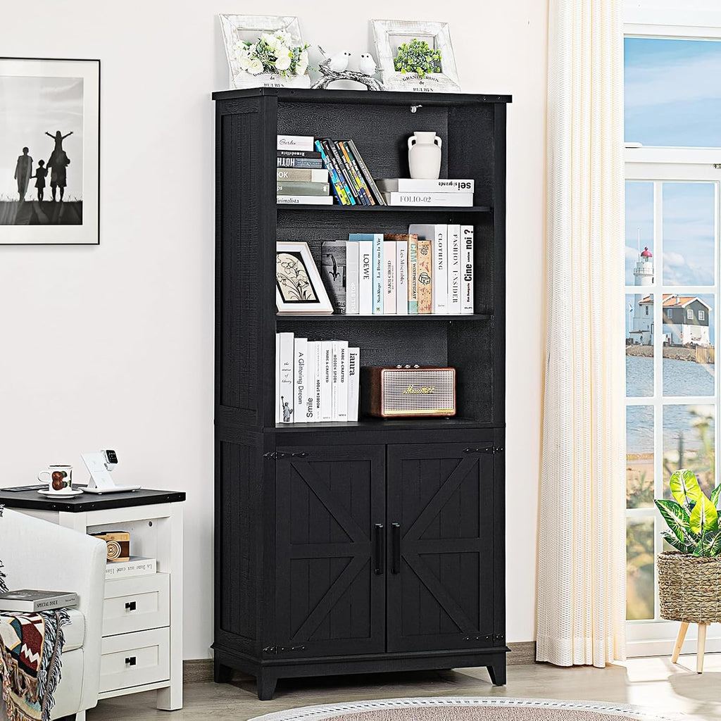 Joaxswe 70in Tall Bookshelf 5 Tier Bookcase with Barn Doors and Adjustable Shelves, Black Farmhouse Book Shelf with Storage Cabinet, Wood Freestanding Display Bookshelves for Bedroom, Living Room