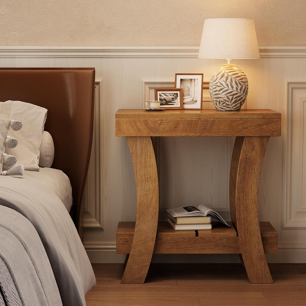LITTLE TREE Narrow Side Table with Storage Shelf, Set of 2 Rectangular End Table with Wood Legs, Small Night Stand for Bedroom, Living Room, Small Spaces, 11.81' D x 23.62' W x 23.62' H