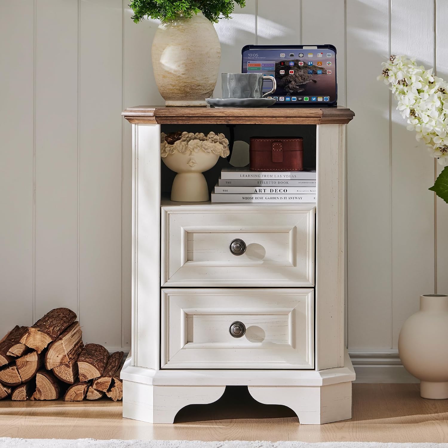 T4TREAM Farmhouse Nightstand with Charging Station, 18' End Table with 2 Drawers, Wood Side Table, Bedside Cabinet for Bedroom, Living Room (Antique White)