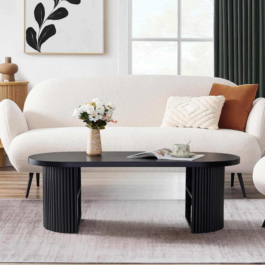 Oval Fluted Coffee Table, 47' Farmhouse Wood Coffee Table Mid Century Modern Center Table Boho Living Room Tables for Living Room Office,Black