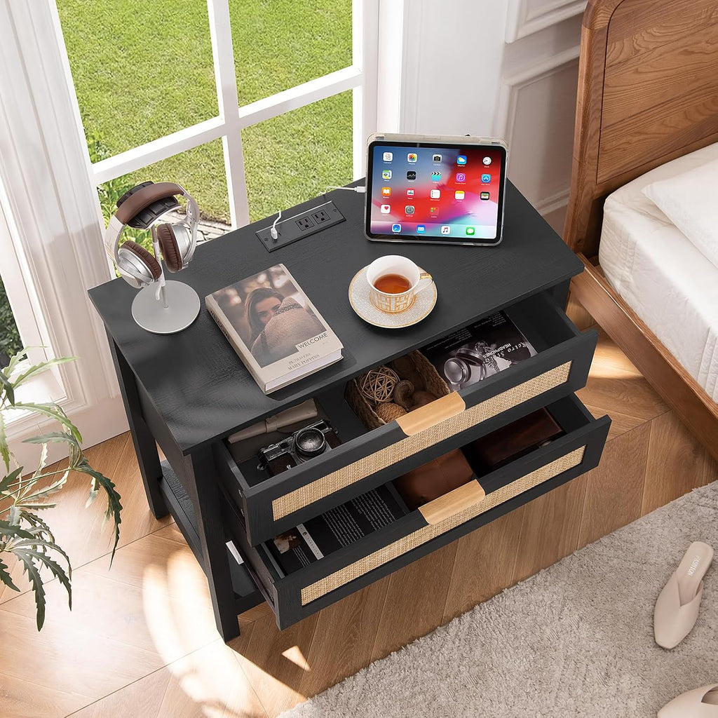 LEYAOYAO 31.5' Wide Rattan Night Stand Set 2 with Charger Station, Oversized Large Boho Nightstand with 2 Drawer, Black Bed Side End Tables, 30' Tall Bedside Table for Bedroom Living Room, Hallway
