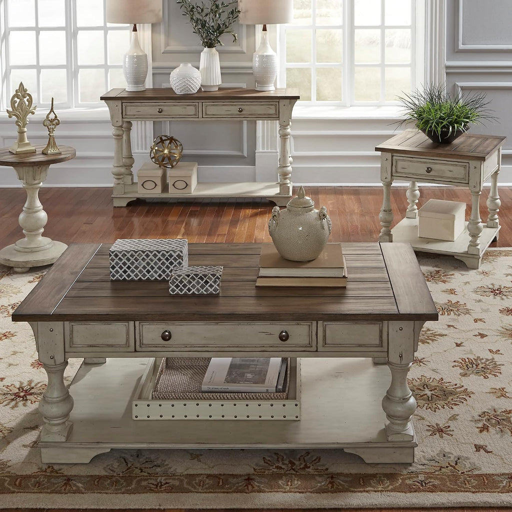 Liberty Furniture Morgan Creek Living Room 3 Piece Living Room Table Set with Cocktail Table, 2 End Tables - Antique White, Wood Plank Tobacco Accents