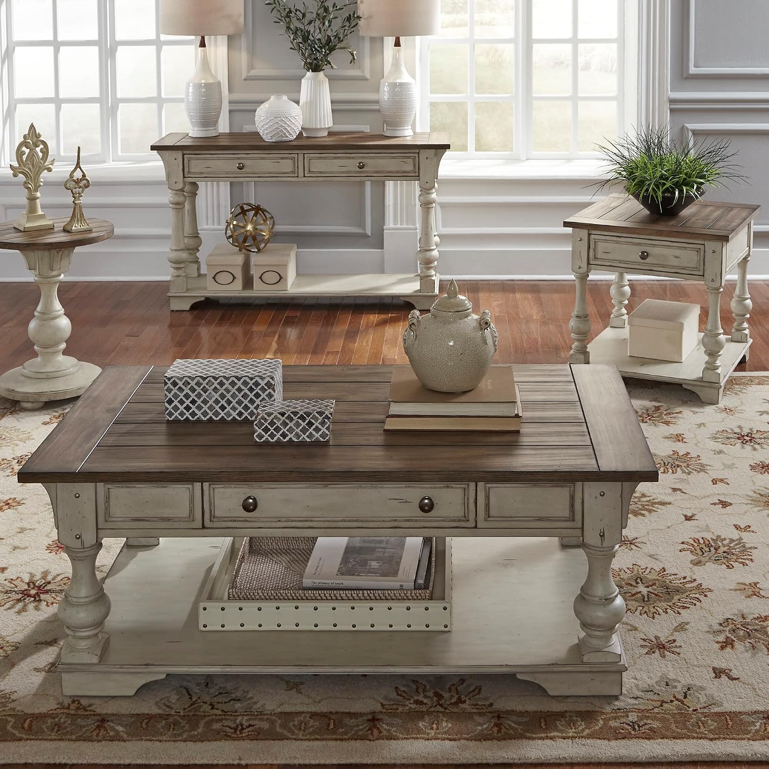 Liberty Furniture Morgan Creek Living Room 3 Piece Living Room Table Set with Cocktail Table, 2 End Tables - Antique White, Wood Plank Tobacco Accents