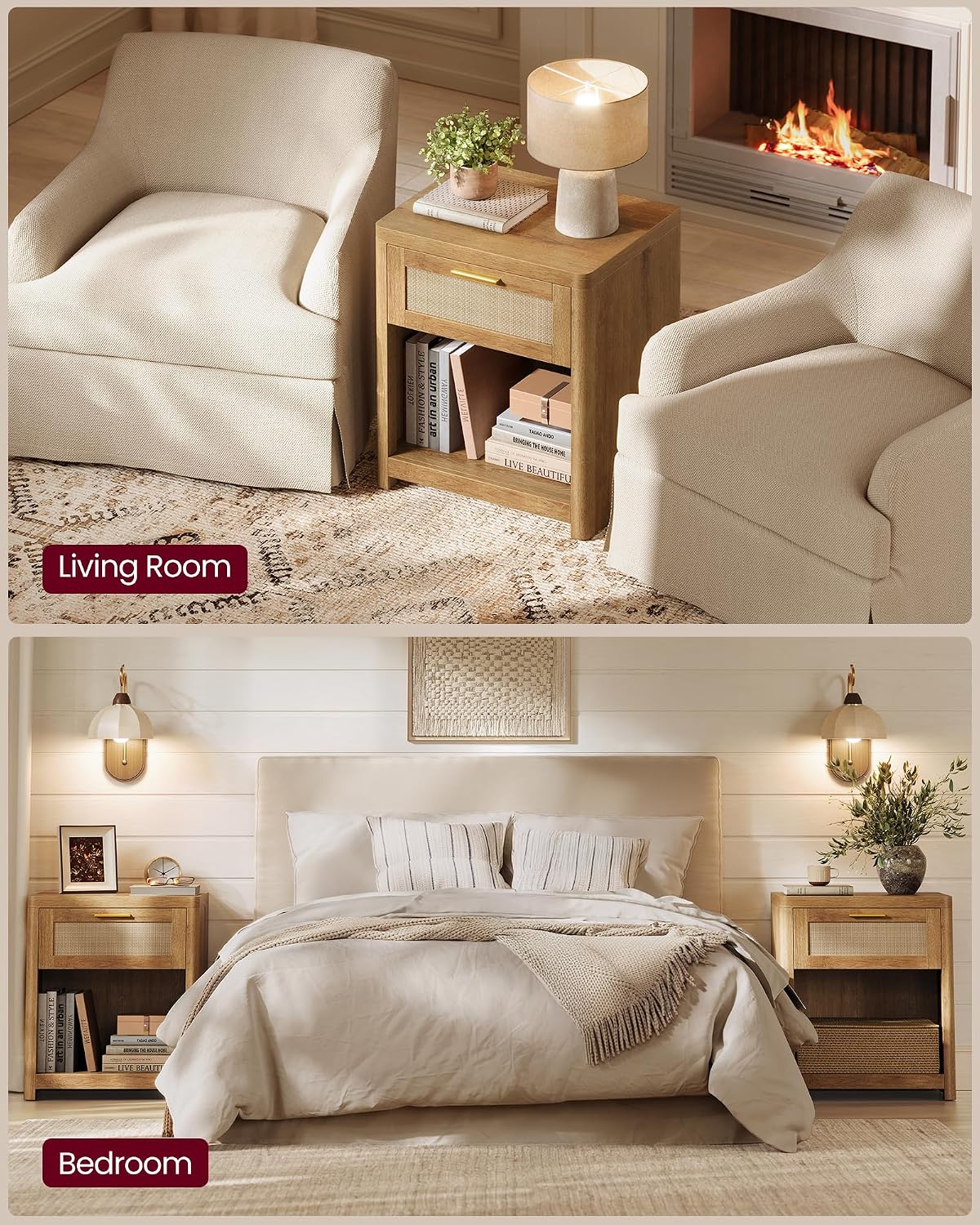 VASAGLE ELLAN Collection - Boho Nightstands with Rattan-Look Drawer, Set of 2 Accent Side End Tables with Open Compartment, Rounded Corners, for Bedroom Bedside, Natural Brown ULET818KC01