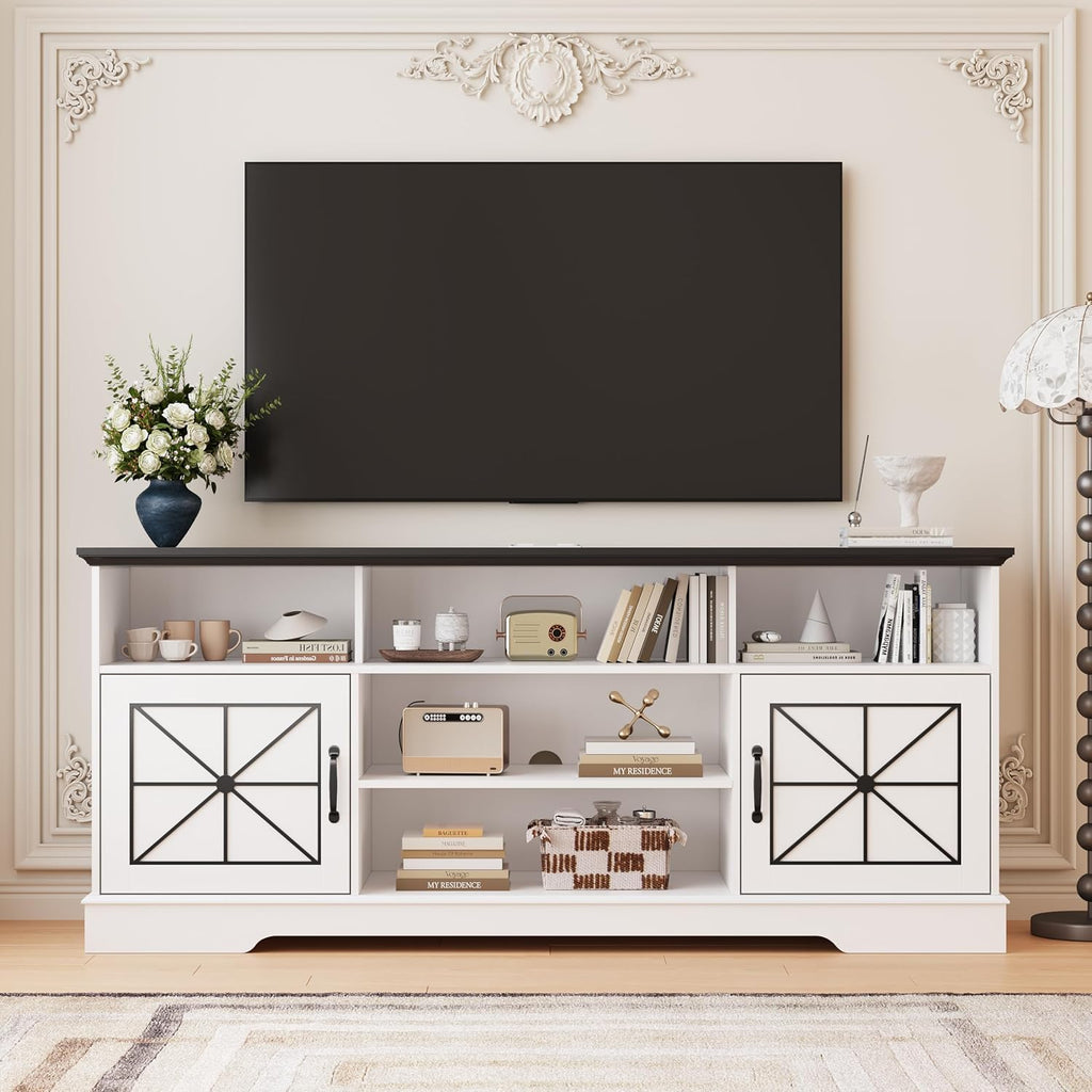 Wodeer White TV Stand for TVs up to 65 Inches, 59'' Farmhouse Entertainment Center with Storage Cabinet, Adjustable Shelf and Power Outlet, LED TV Stands for Living Room, Bedroom