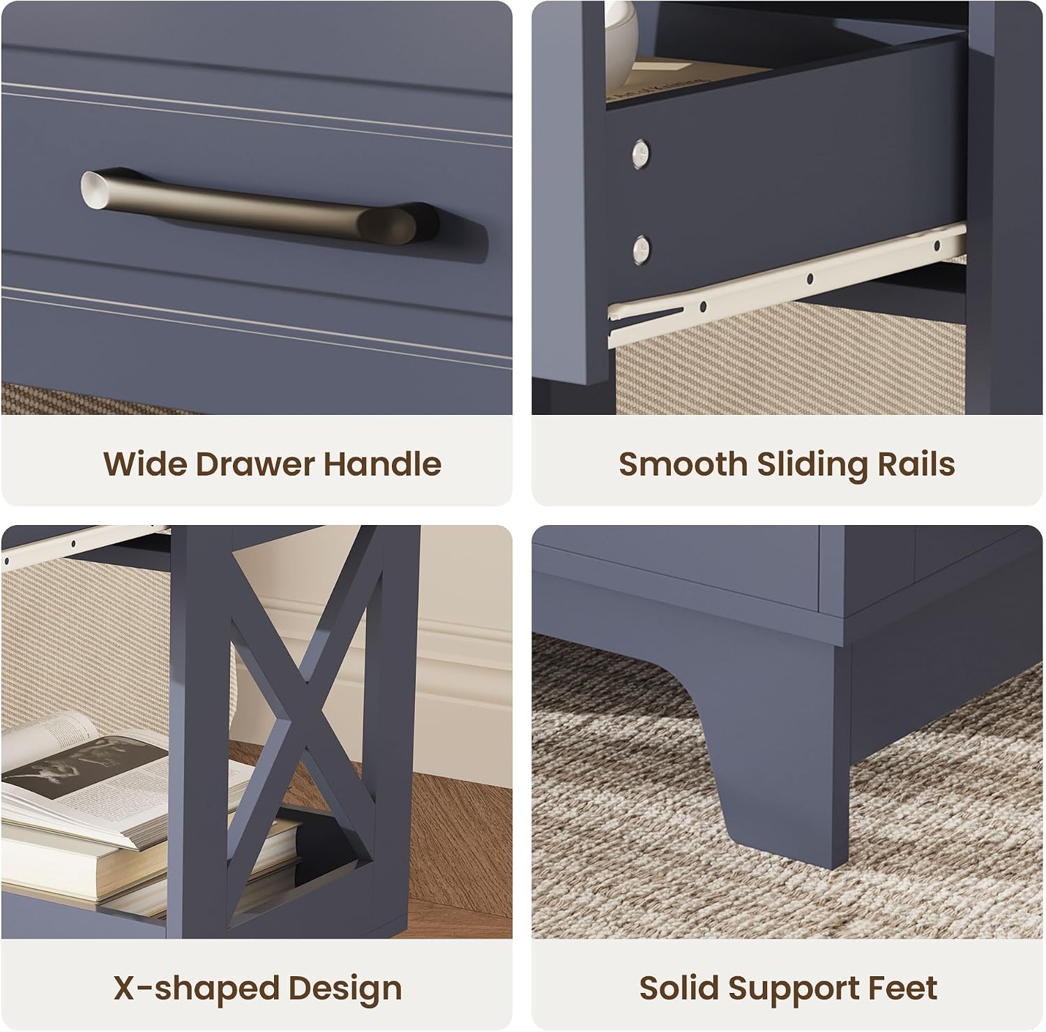 Tall Nightstand Set of 2 Side Table Modern Night Stand with 2 Drawers Wooden Rustic End Table Bedside Table with Upper Open Shelf Solid Feet for Bedroom Navy Blue+Walnut