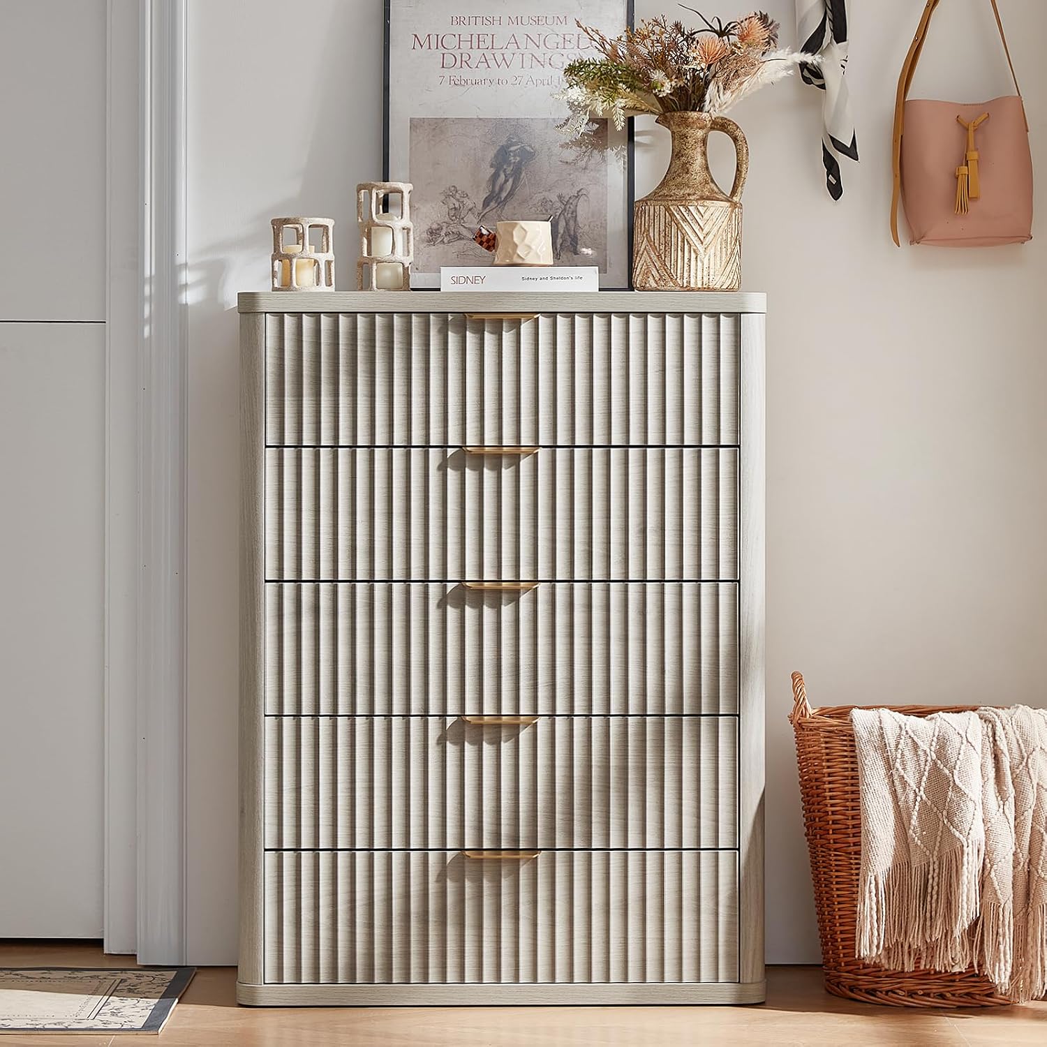 LEYAOYAO Fluted 5 Drawers Dresser Set of 2, 41' Tall Modern Chest of Drawers with Metal Handle, Curved Profile Dresser TV Stand, Wooden Drawer Organizer for Bedroom, Living Room, Hallway, Lightgrey