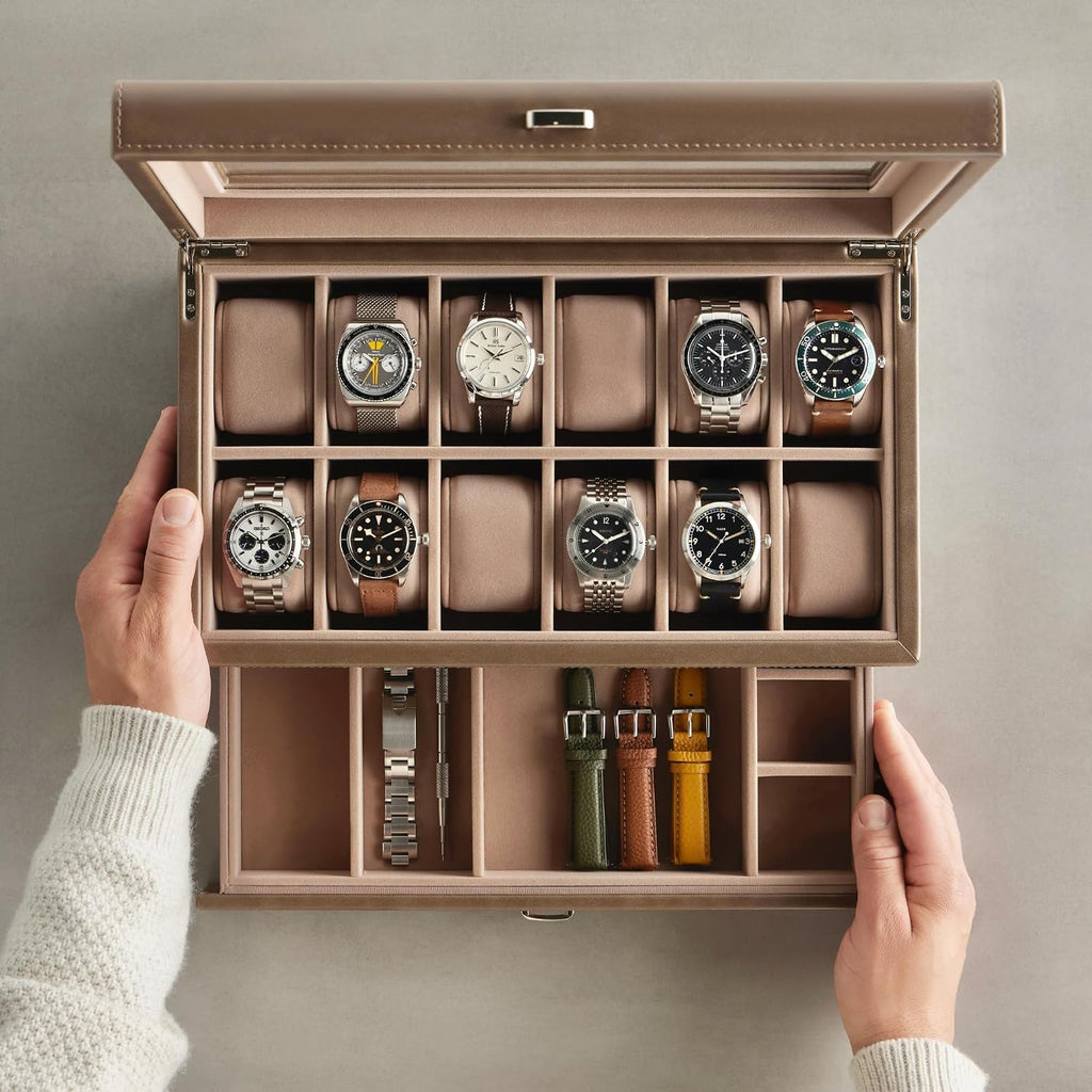 TAWBURY 12 Slot Watch Box with Storage Drawer – Premium Watch Storage Case for Men & Women | Handcrafted from PU Leather & Engineered Wood (Taupe)