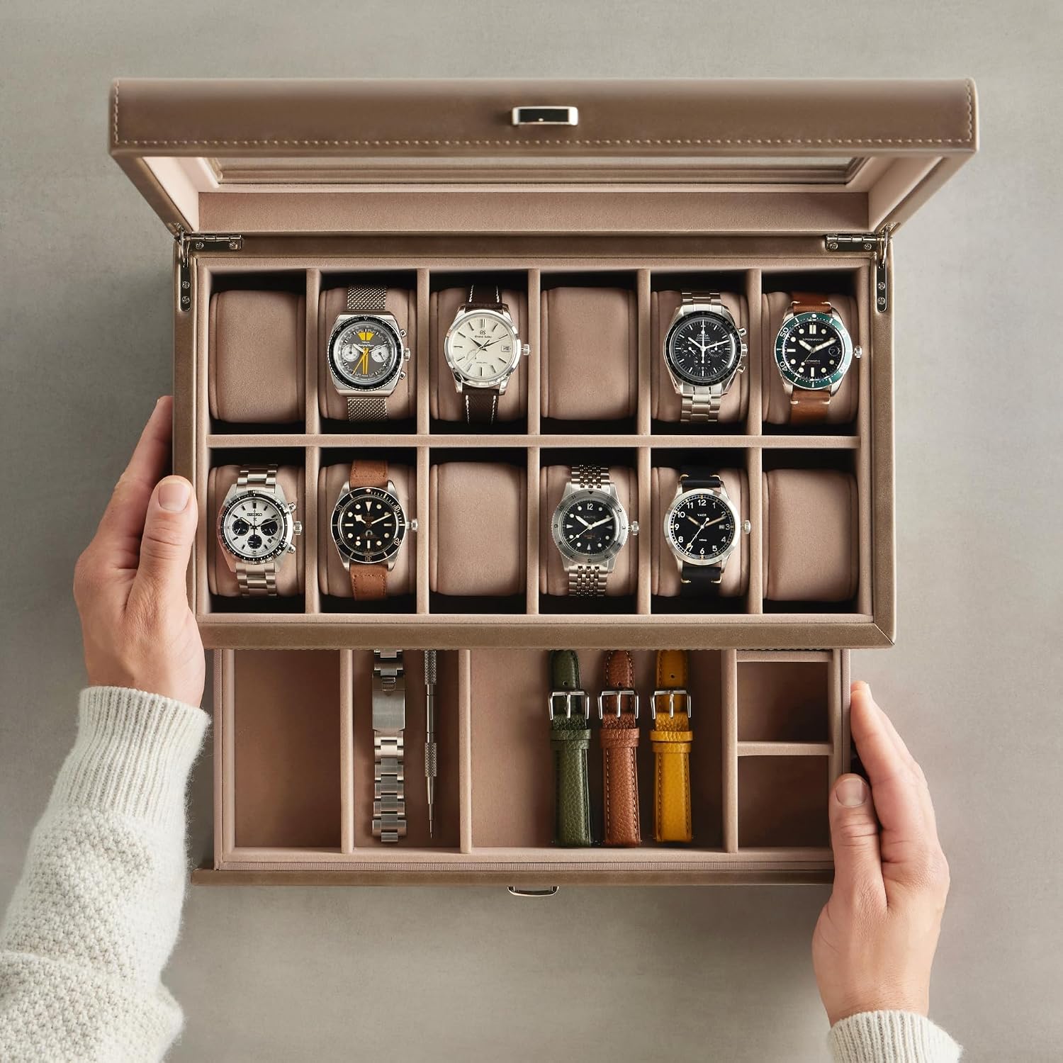 TAWBURY 12 Slot Watch Box with Storage Drawer – Premium Watch Storage Case for Men & Women | Handcrafted from PU Leather & Engineered Wood (Taupe)