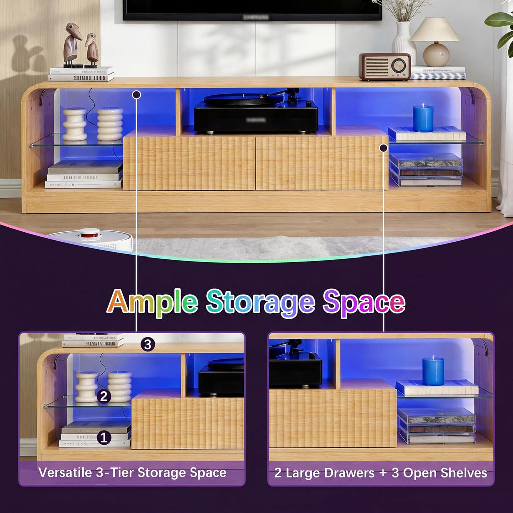 Mid Century Modern TV Stand for 55 60 65 70 75 Inch TVs, Fluted TV Stands for Living Room with LED Lights, 63'' Entertainment Center with 2 Large Drawers & Glass Shelves, Oak