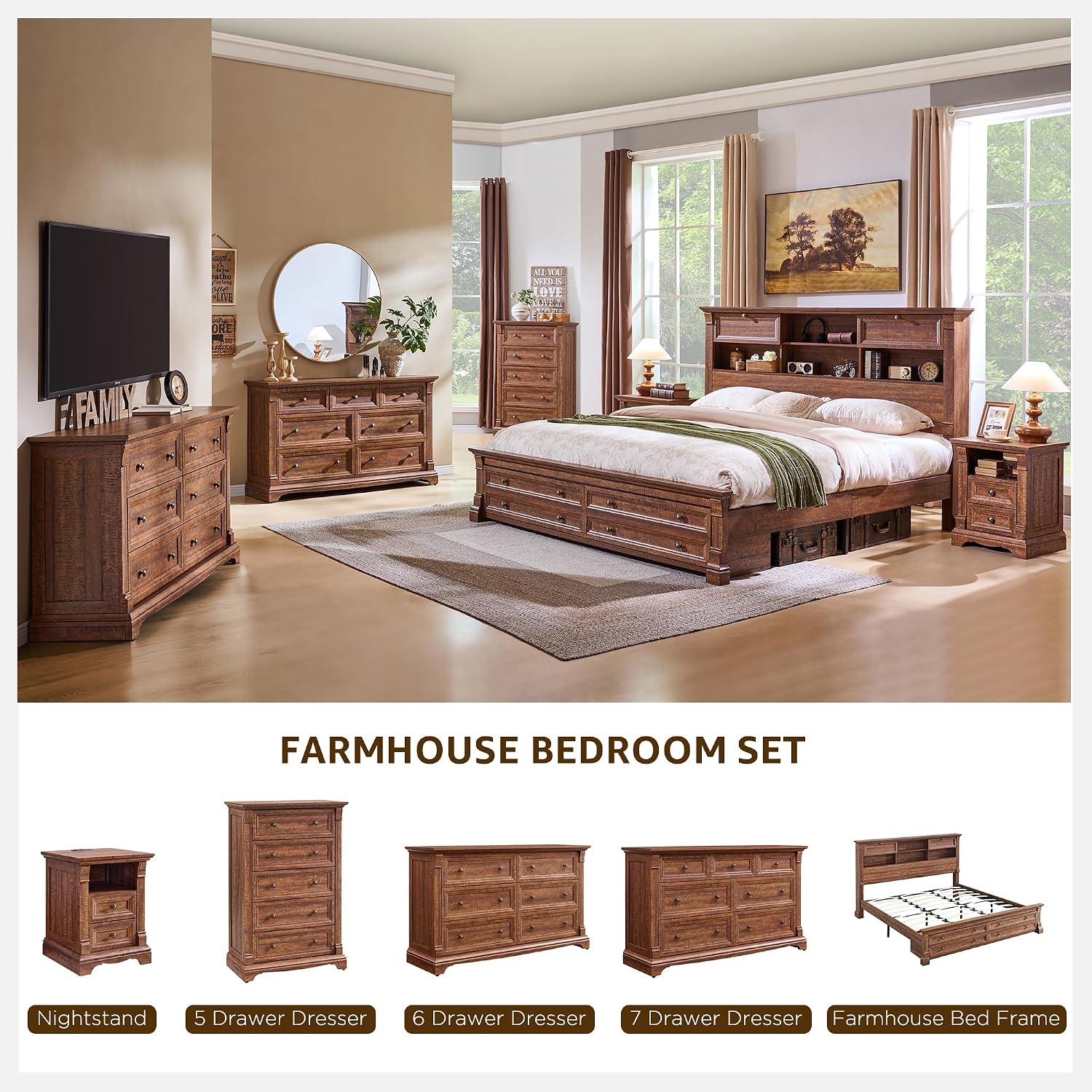 Farmhouse Nightstand Set of 2, 24' End Table with 3 Drawers Storage, Wood Side Table w/Roman Column, End Tables Living Room Set Of 2, Bedside Cabinet for Bedroom, Living Room, Reclaimed Barnwood