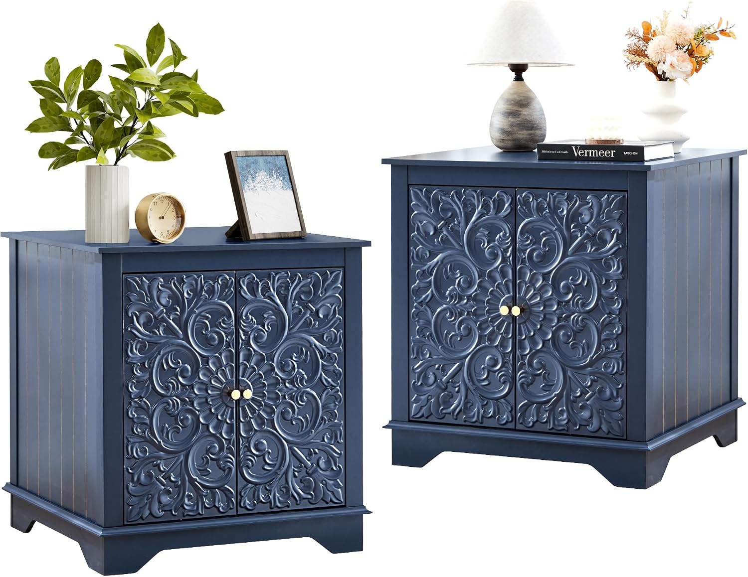 weselon End Table Set of 2, 24' Farmhouse Nightstand with Carved Floral Door & Adjustable Shelf, Square Wooden Sofa Side Table with Storage for Living Room Bedroom (Midnight Blue)