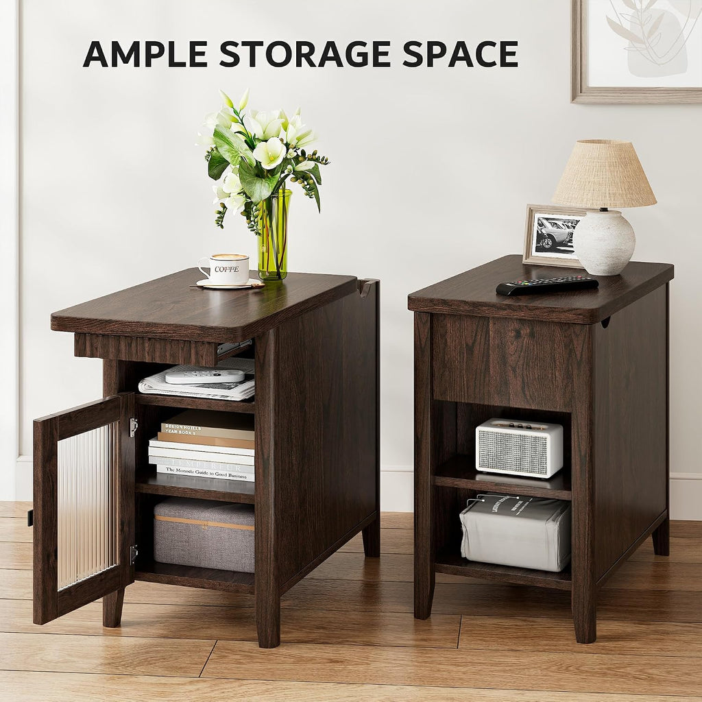 iPormis End Table Set of 2 with Charging Station, Narrow Side Table for Living Room, Farmhouse Night Stand with Storage Cabinet, Wood Bedside Table for Bedroom Small Space, Walnut