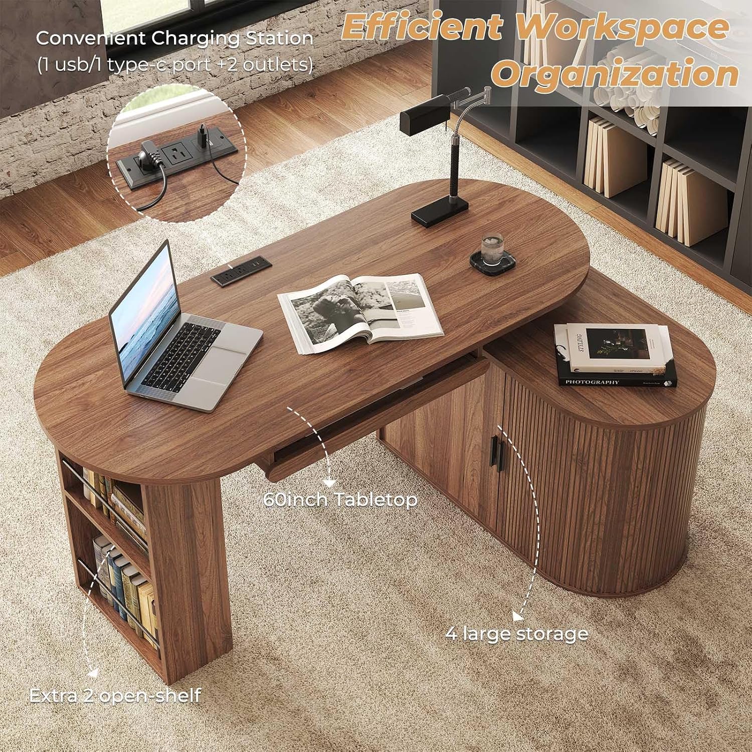 HSH Office L Shaped Computer Desk with Storage Cabinet, Reversible Corner L Desks with Keyboard Tray and Open Shelf, Home Office Executive Desk with Power Outlet for Study Workstation, Walnut 60 Inch