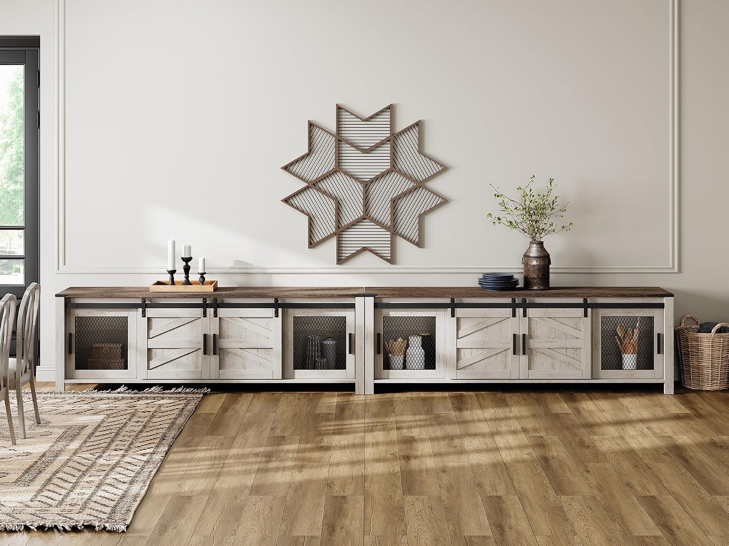 WAMPAT Farmhouse TV Stand for 100 Inch TV with Sliding Barn Door, Set of Two Modern Wood Entertainment Center with Storage Cabinets, Media Console Table for Living Room Bedroom，Rustic Oak and White