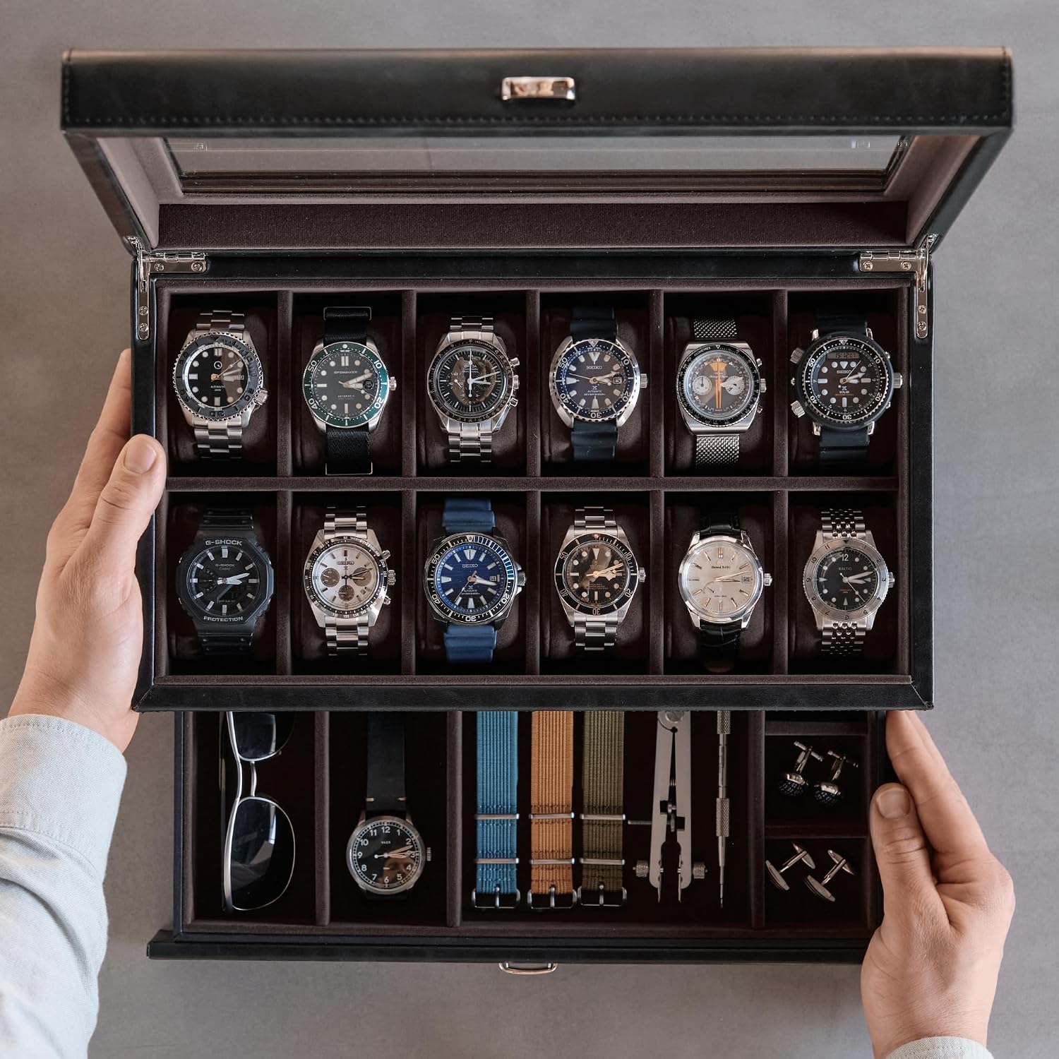 TAWBURY 12 Slot Watch Box with Storage Drawer - Premium Black PU Leather Watch Box for Men | Easy One-hand Opening, Plush Velveteen Interior (Black/Charcoal)