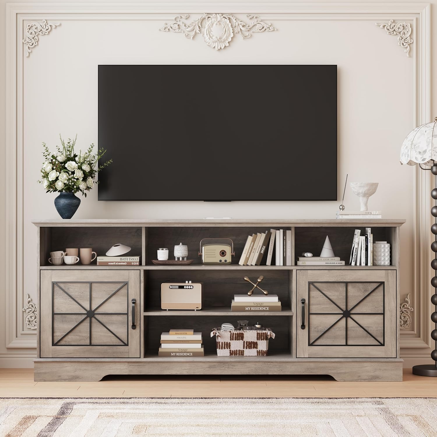 Wodeer Grey TV Stand for TVs up to 65 Inches, 59'' Farmhouse Entertainment Center with Storage Cabinet, Adjustable Shelf and Power Outlet, LED TV Stands for Living Room, Bedroom