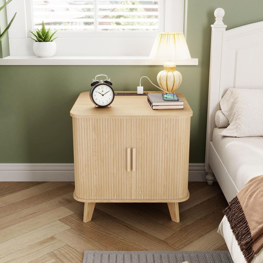 End Table with Charging Station, 24' Fluted Night Stands with Sliding Door, Farmhouse Large Wooden Side Table with Storage for Bedroom Living (Square, Natural)