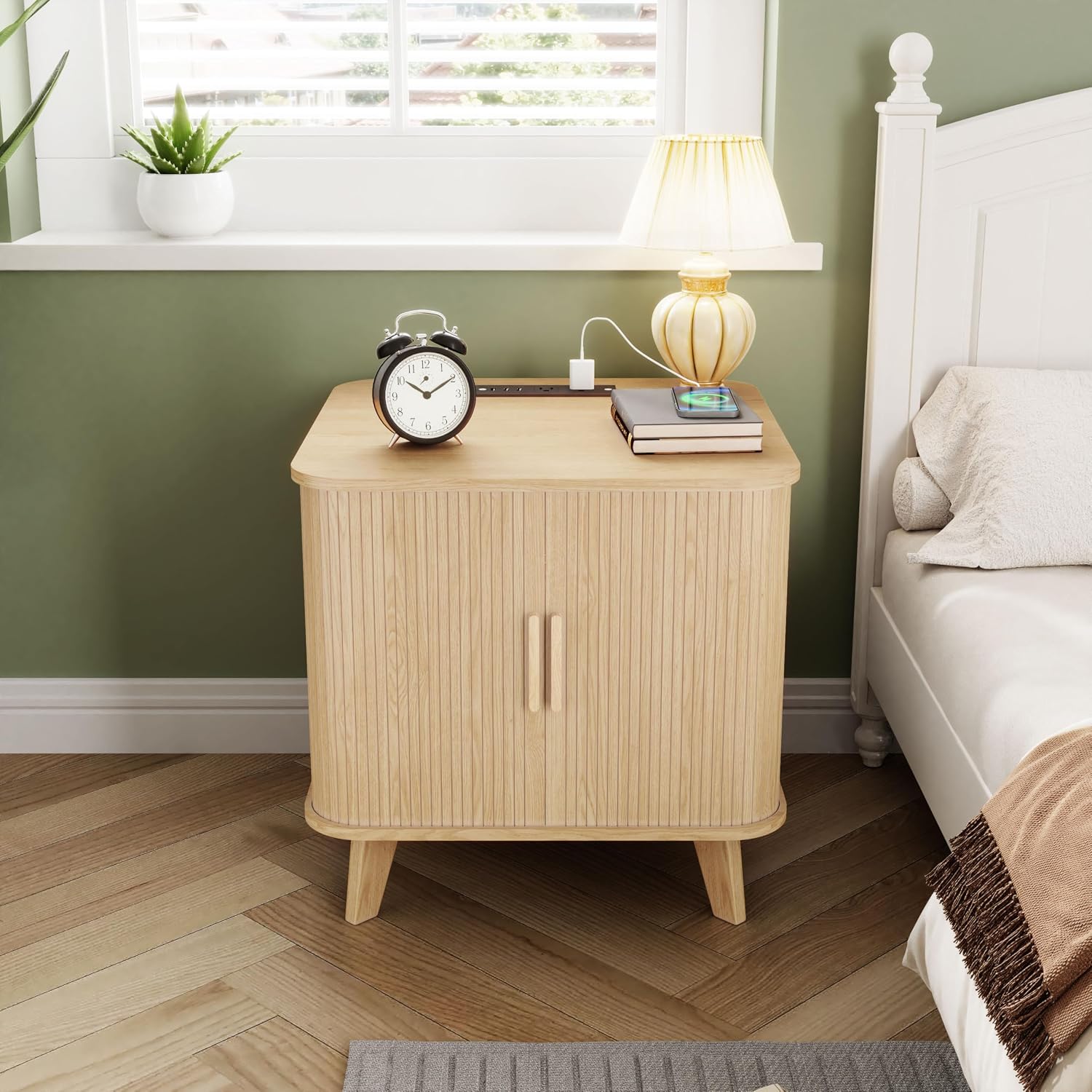 End Table with Charging Station, 24' Fluted Night Stands with Sliding Door, Farmhouse Large Wooden Side Table with Storage for Bedroom Living (Square, Natural)