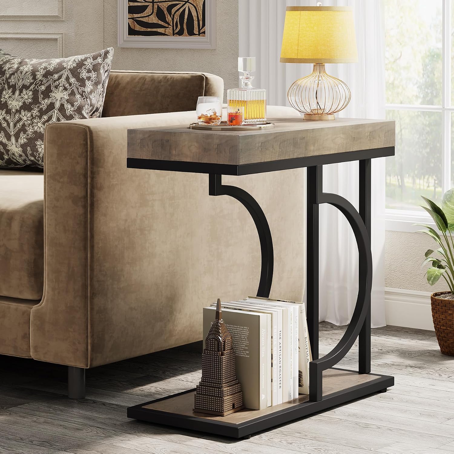 Tribesigns Narrow Side Table C Shaped End Table Modern Bedside Tables for Couch, Small Sofa Chairside Tables with Metal Frame for Living Room (2, Gray+Black)