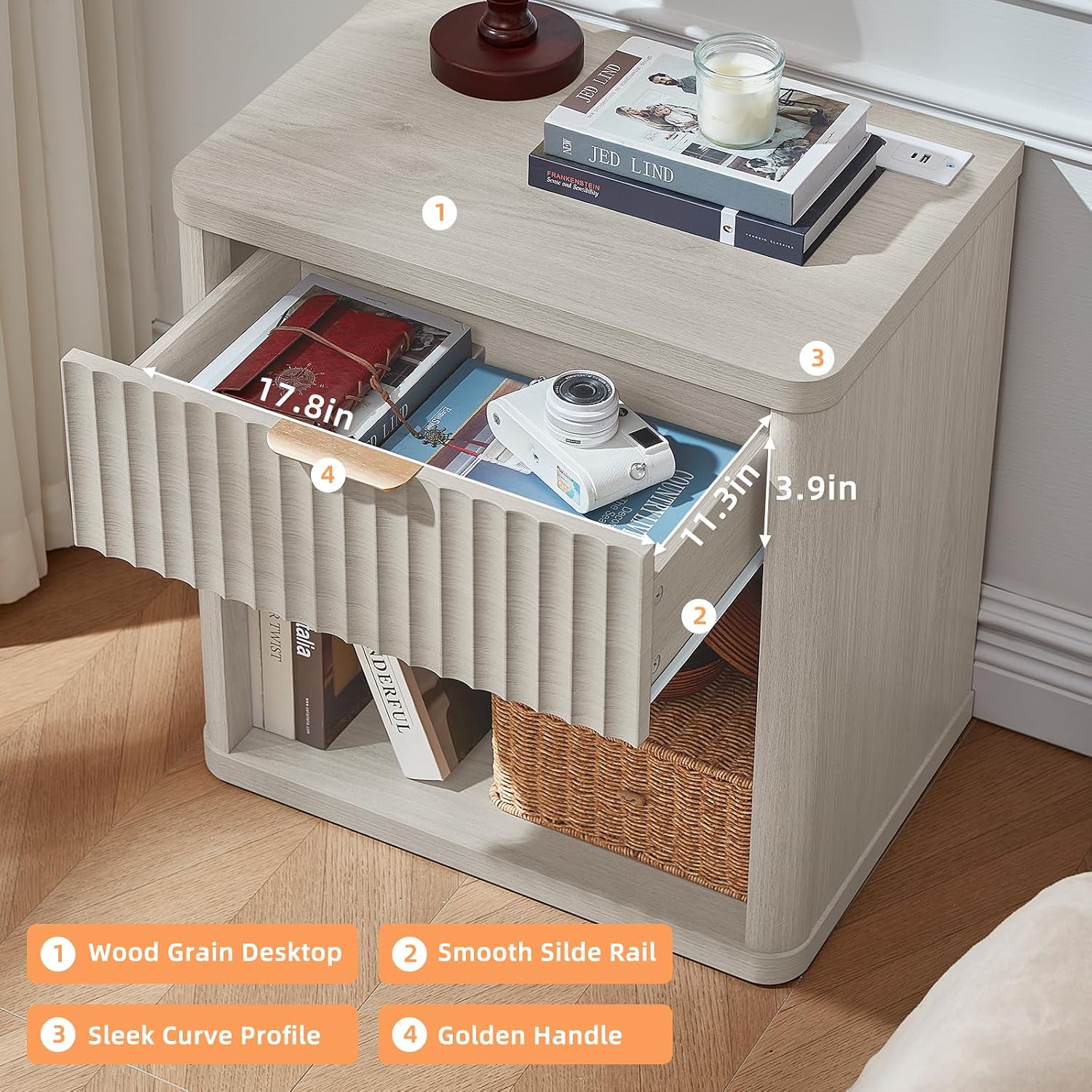 LEYAOYAO Fluted Farmhouse Nightstand Set of 2 with Charging Station, 23' Wide 1 Drawers Night Stand,LightGrey Dresser for Bedroom,Bed Side Table Chest of Drawers,Wood End Table for Living Room