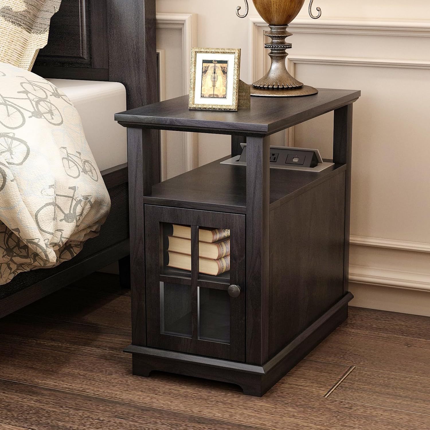 HIFYOBRO End Table with Safe Charging Station, Narrow Side Table with USB Ports & Outlets, Nightstand with Adjustable Shelf & Glass Door, Small Storage Table for Living Room, Bedroom
