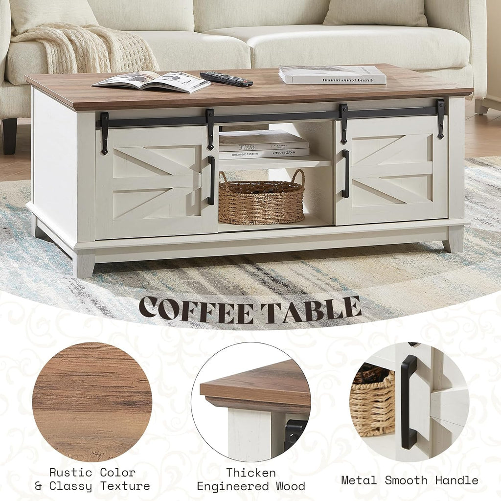 AMERLIFE Farmhouse 4-Piece Living Room Set, Entryway Console with Adjustable Shelves, Pair of 18' End Tables with Charging Station, Large Rectangular Coffee Table with Sliding Barn Doors, Rustic White