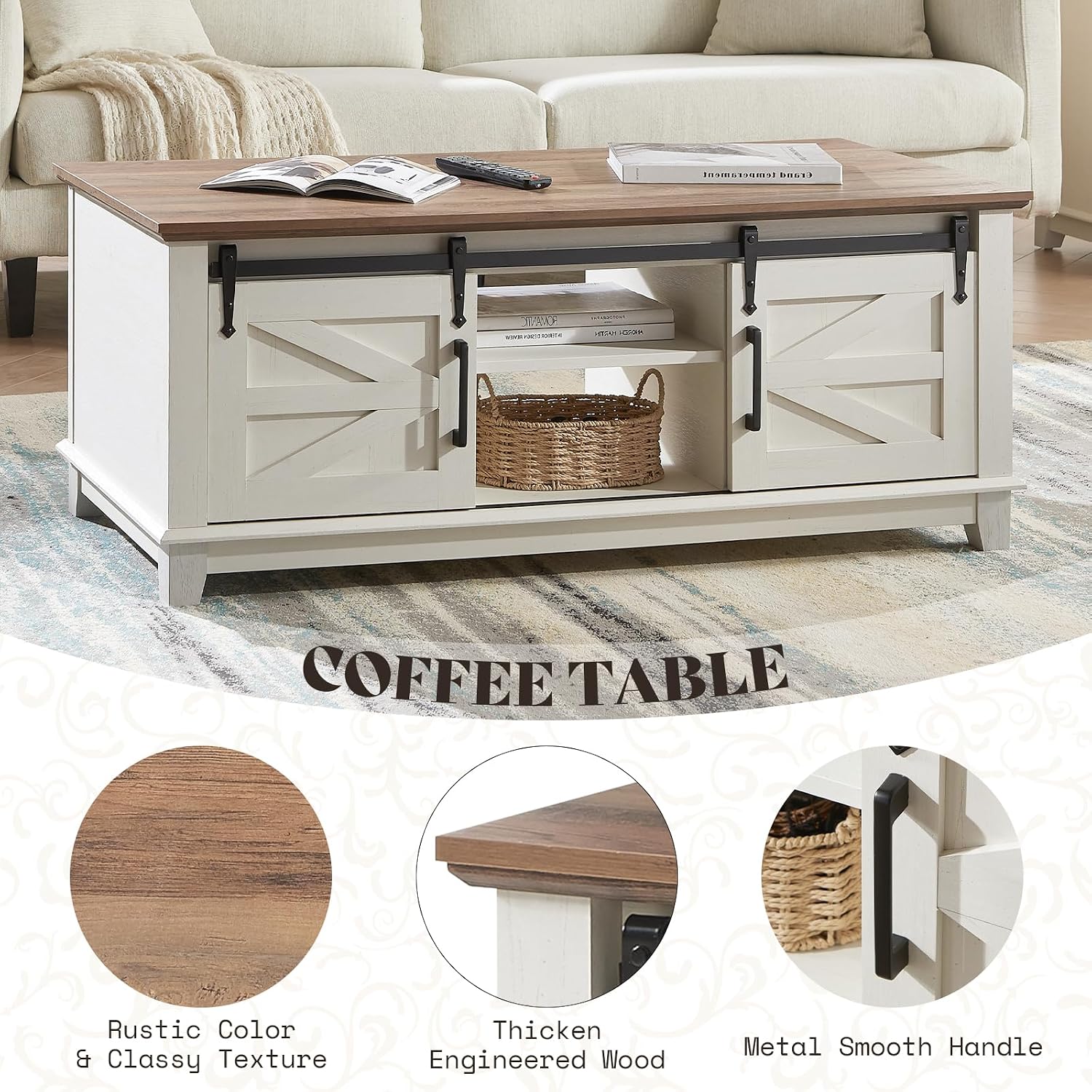 AMERLIFE Farmhouse 4-Piece Living Room Set, Entryway Console with Adjustable Shelves, Pair of 18' End Tables with Charging Station, Large Rectangular Coffee Table with Sliding Barn Doors, Rustic White