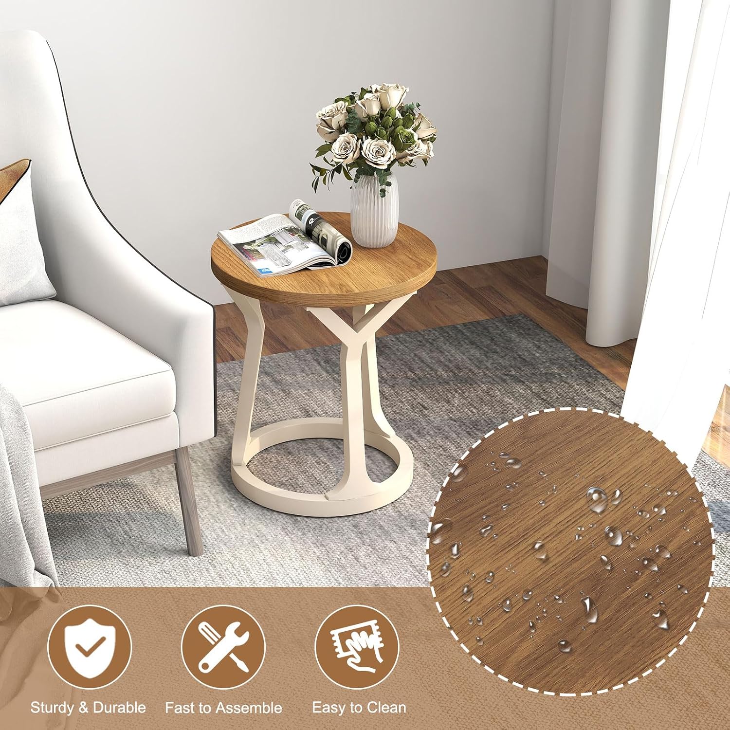 2PCS Round End Table Living Room, Set of 2 Rustic Side Table, 22' H Nightstand with Thick Top, Accent Tables for Bedroom Living Room Entryway, Natural & White