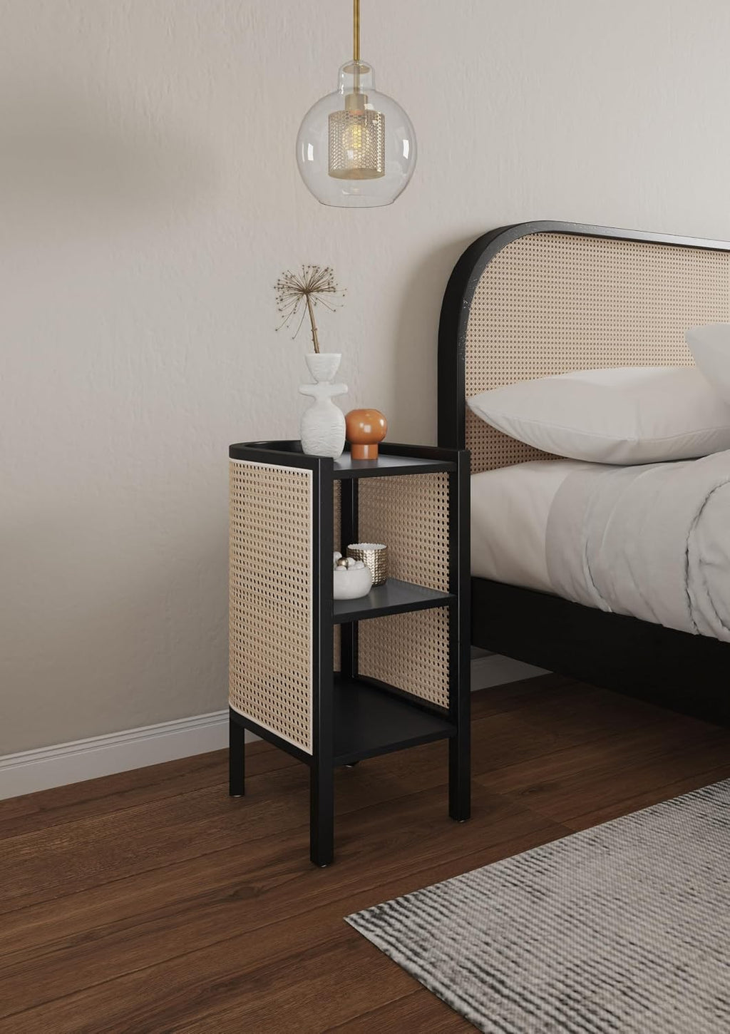 Manhattan Comfort Versailles Rattan Bedside End Table Accent Sofa Side Table for Living Room, Bedroom, Study and Home Office with 2 Shelf Storage, Set of 2, Black/Natural Cane