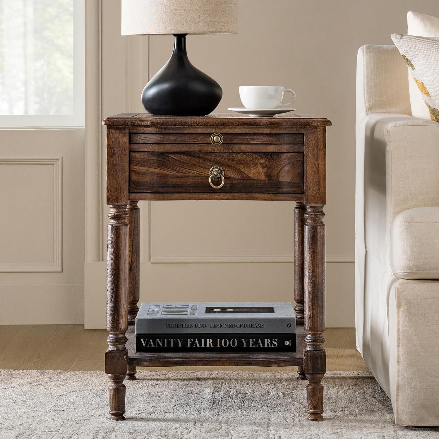 HULALA HOME Small End Table with Charging Station, Solid Wood Side Table with a Drawer & Open Shelf, Vintage Finish, Spindle Legs(Walnut)