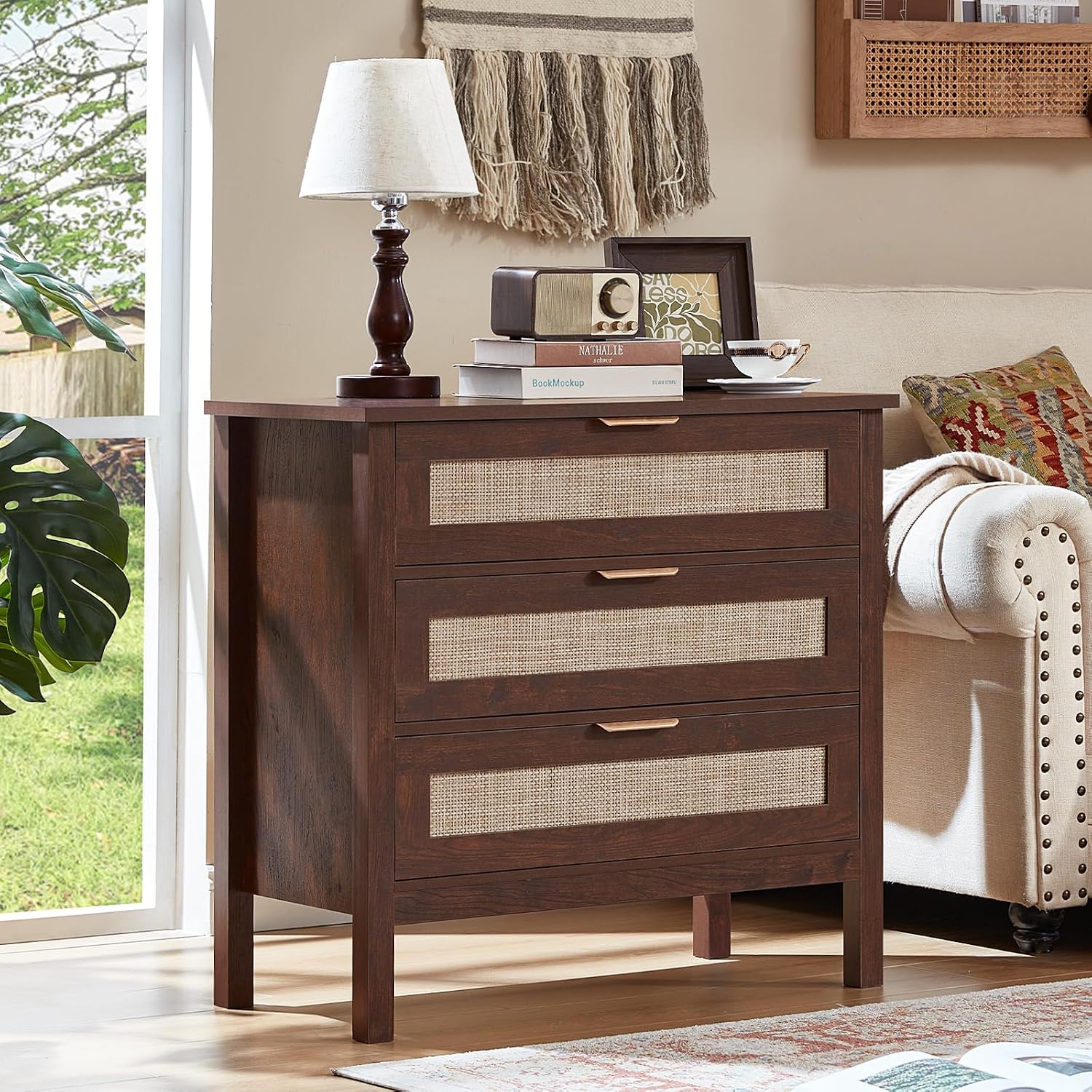 LEYAOYAO 31.5' Wide Rattan Night Stand, Large Boho Nightstand, Bedside Table with Storage, Tall Bed Side End Tables, Chest of Drawers for Bedroom, Living Room, Hallway（Walnut,3 Drawers,2）