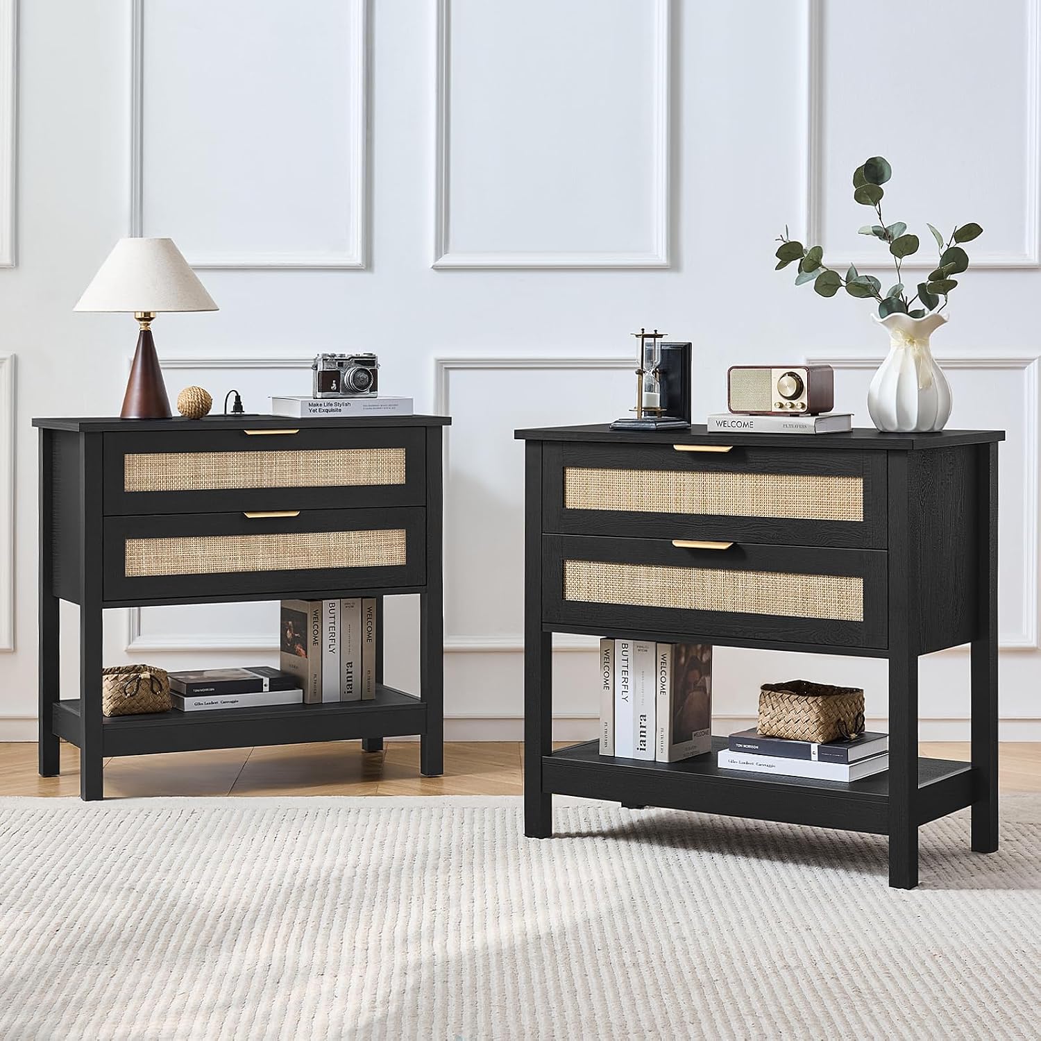 LEYAOYAO 31.5' Wide Rattan Night Stand Set 2 with Charger Station, Oversized Large Boho Nightstand with 2 Drawer, Black Bed Side End Tables, 30' Tall Bedside Table for Bedroom Living Room, Hallway