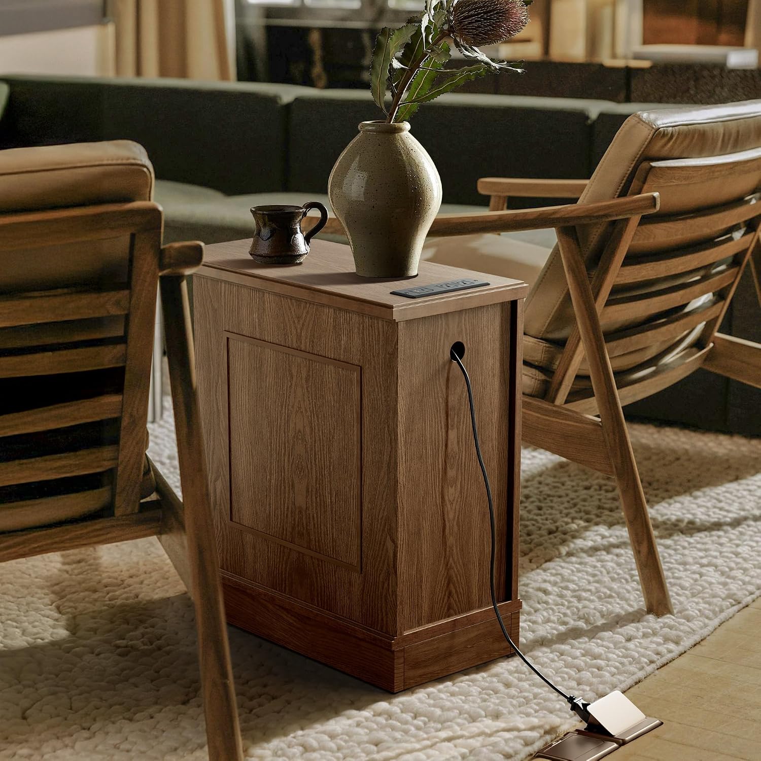 Nightstand Set of 2 with Charging Station, Vintage Wood End Table with 3 Drawer, Victoria Narrow Side Table, Slim Bedside Tables for Bedroom, Pre-Installation, Brown