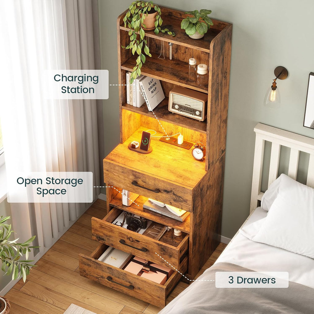 AOGLLATI Tall Night Stand Set of 2, Nightstand with Charging Station and LED Lights, Rustic Brown Bedside Table with Bookshelf, 3 Drawers and Open Shelves, Modern End Side Table for Bedroom