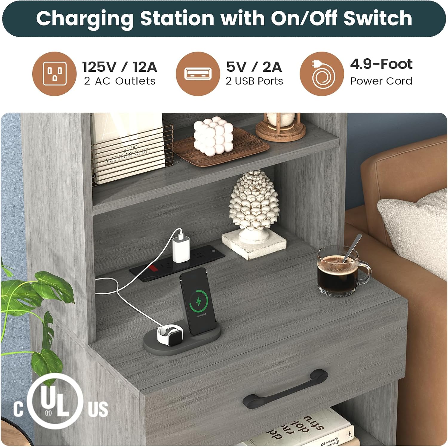 AOGLLATI Tall Night Stand Set of 2 with Charging Station and LED Lights, Grey Nightstand with 3 Drawers and Adjustable Shelves, Modern Bedside Table with Bookshelf for Bedroom
