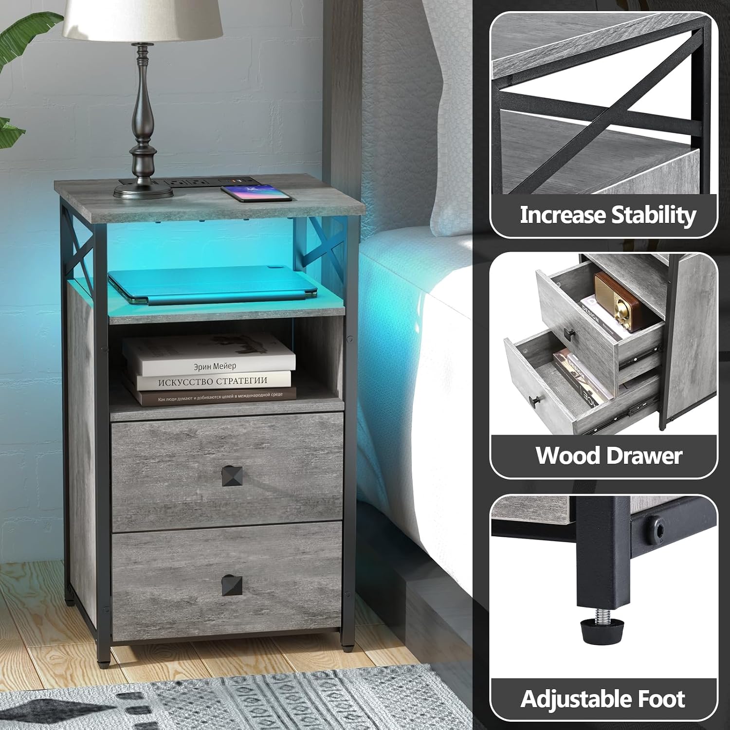 Livofloral Nightstands Set 2 with Charging Station, LED Nightstand with Wood Drawers, End Tables Living Room Set 2 with Storage, Farmhouse End Table Set of 2, Bedside Table for Bedroom, Grey