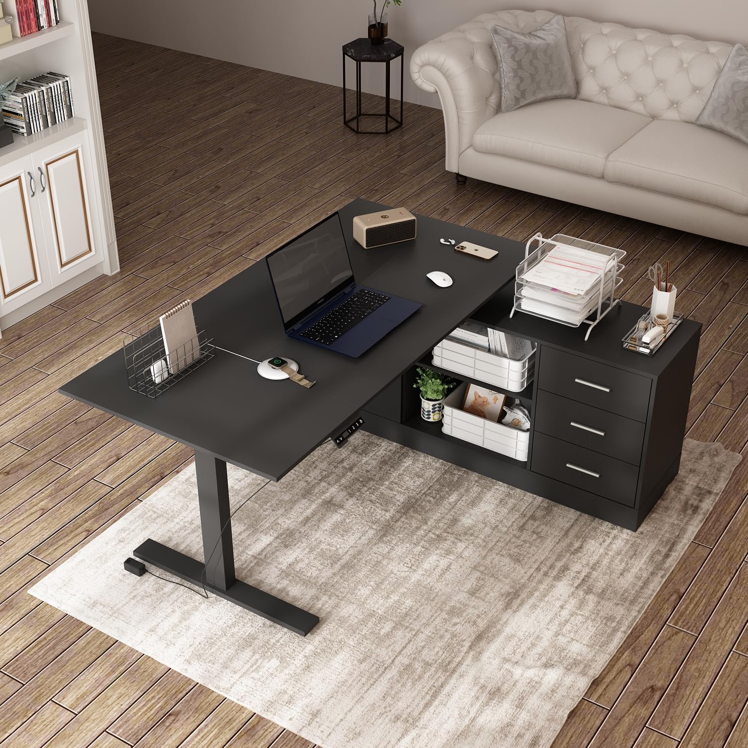 AGOTENI 63' W L-Shaped Electric Standing Desk with Cabinet, Height Adjustable & Reversible Corner Computer Desk with Drawers & Storage Shelves for Home Office, Black