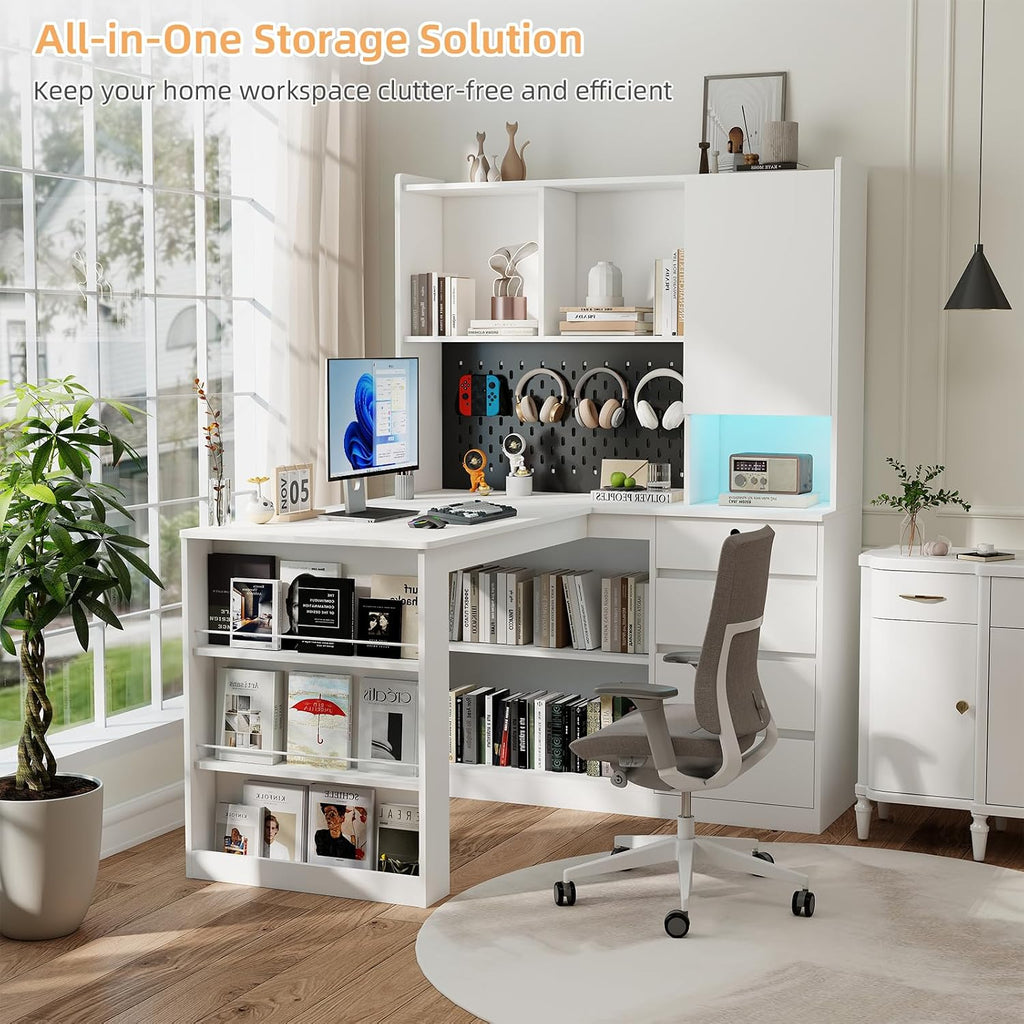 Zevemomo L Shaped Desk with Hutch and 4 Drawers, Computer Desk with USB Ports, Power Outlets & LED Light, Wood Corner Computer Desks with Storage Shelves for Home Office, White, Left Long