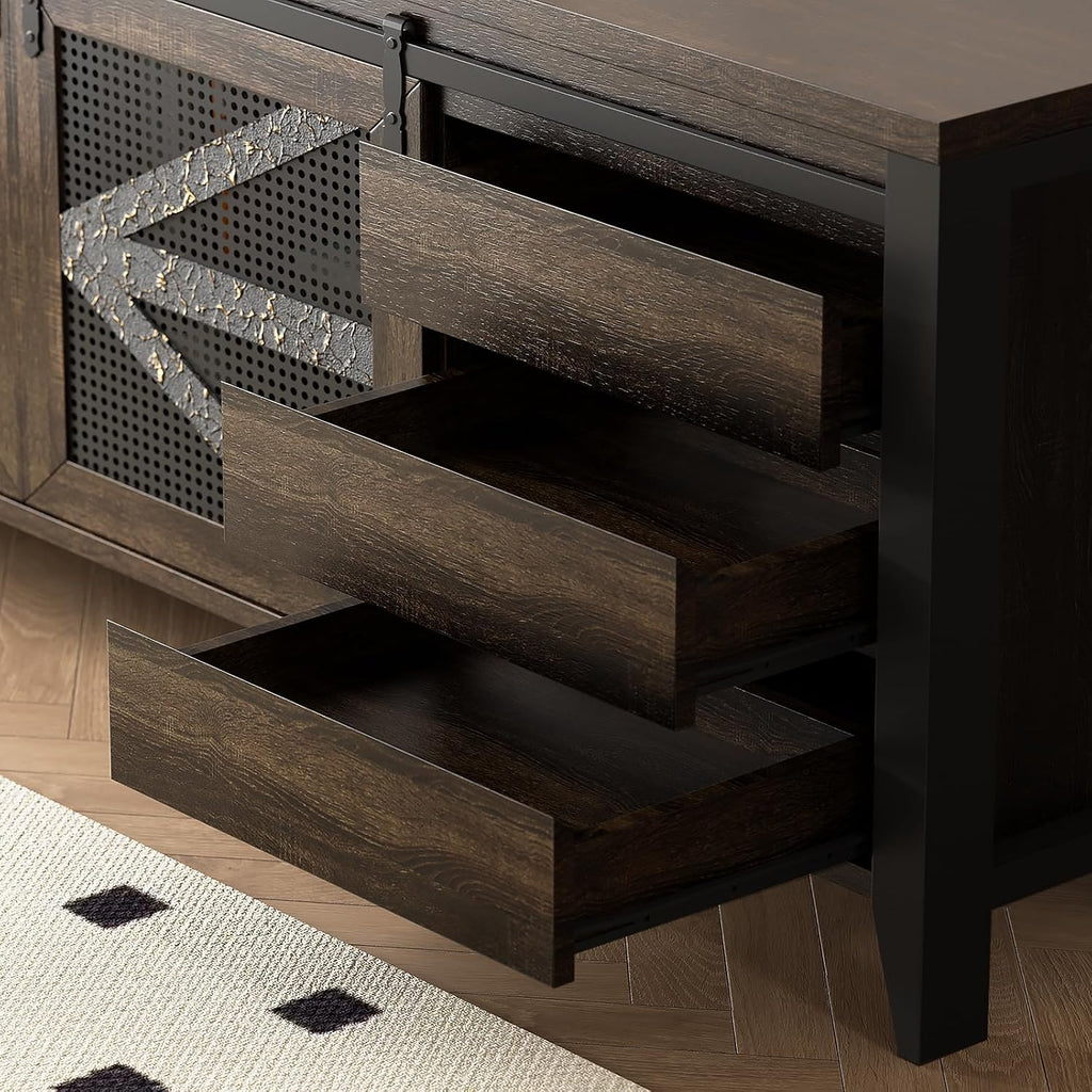 VFK 60 Inch TV Stand for TVs up to 65', Rustic Farmhouse Media Console with Sliding Barn Doors, 6 Drawers, Entertainment Center for Living Room