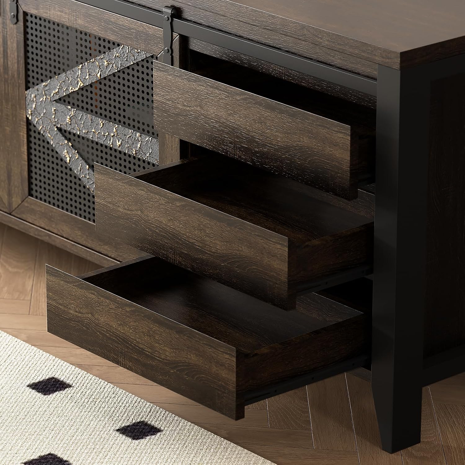 VFK 60 Inch TV Stand for TVs up to 65', Rustic Farmhouse Media Console with Sliding Barn Doors, 6 Drawers, Entertainment Center for Living Room