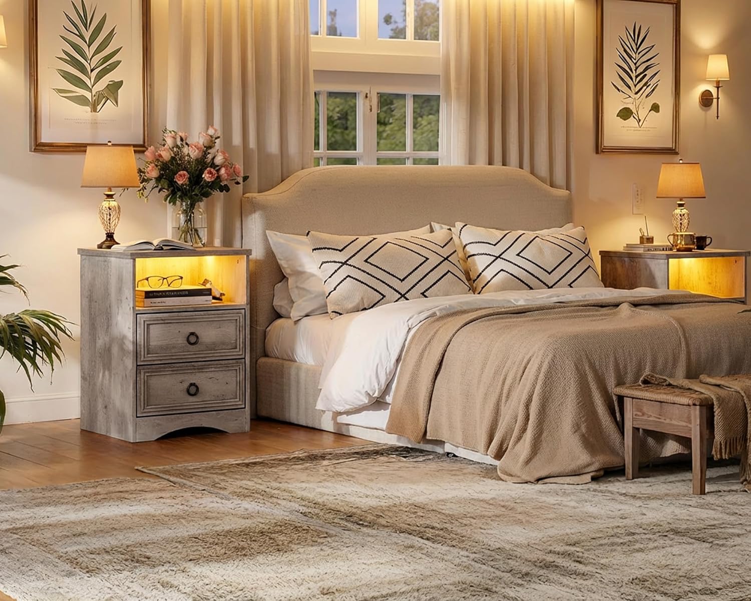 Large Nightstand Set of 2 with Drawers,17.7'W Accent Night Stand with Charger Station LED Lights, Bed Side Table with 2 Drawers, End Table with Easy Open Storage for Bedroom, Living Room,Gray