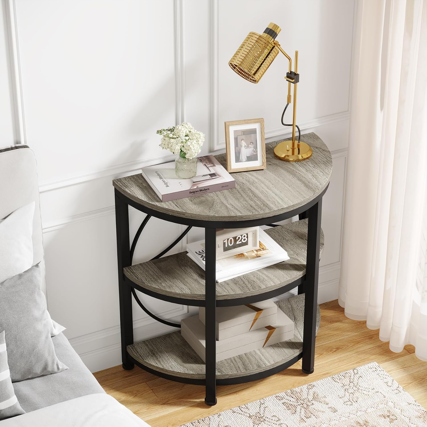 Tribesigns Half Round End Table Set of 2, 3-Tier Half Circle Side Table with Metal Frame, Industrial Half Moon Table, Half Coffee Accent Table Bedside Table for Living Room, Bedroom, Grey